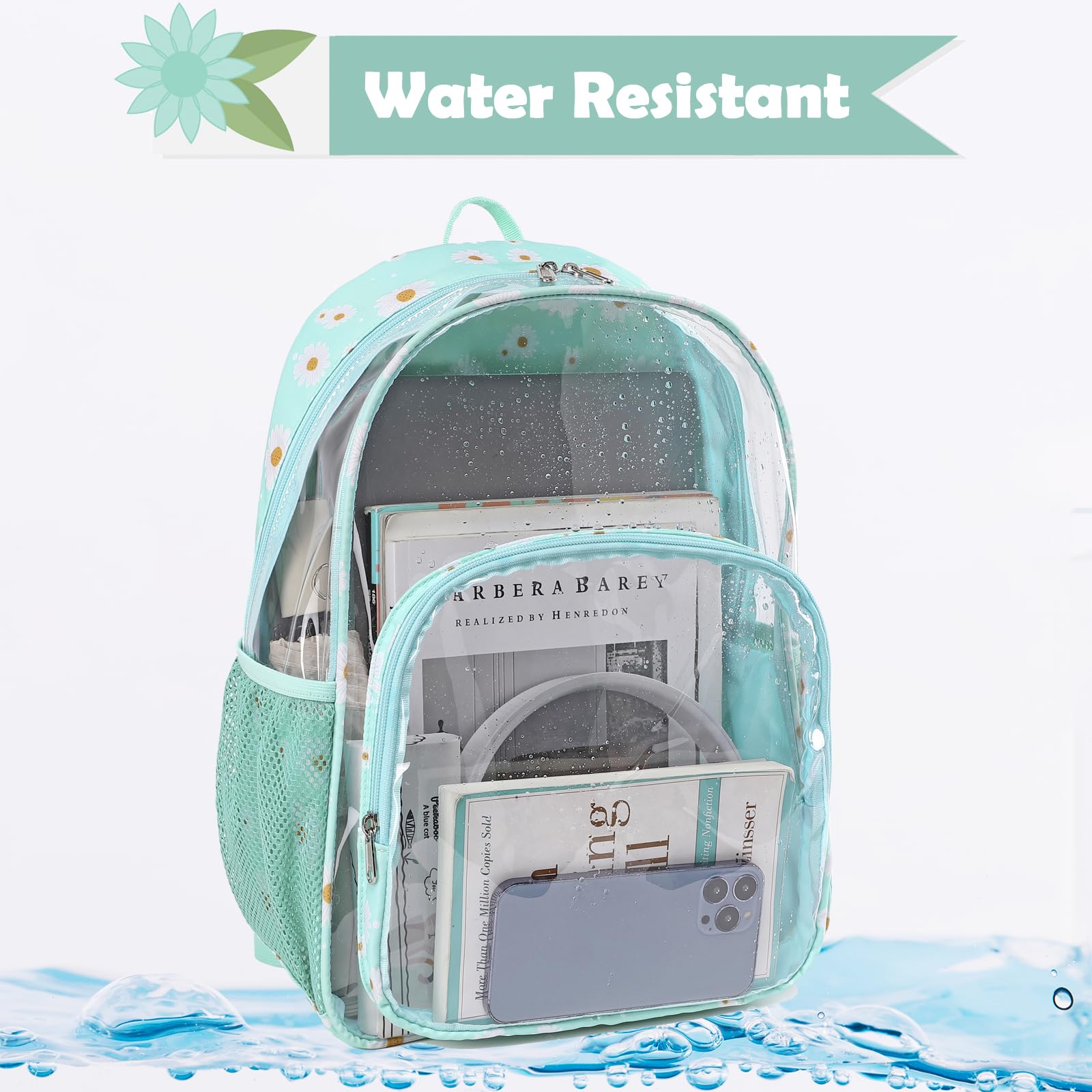 Kimwadalh Heavy Duty Clear Backpack - Green Daisy TPU Transparent Backpack for Women & Girls, Large Capacity College Backpack for Work, Travel, Beach & Swimming | Perfect for School, Concerts, Stadium Events & Airport Security