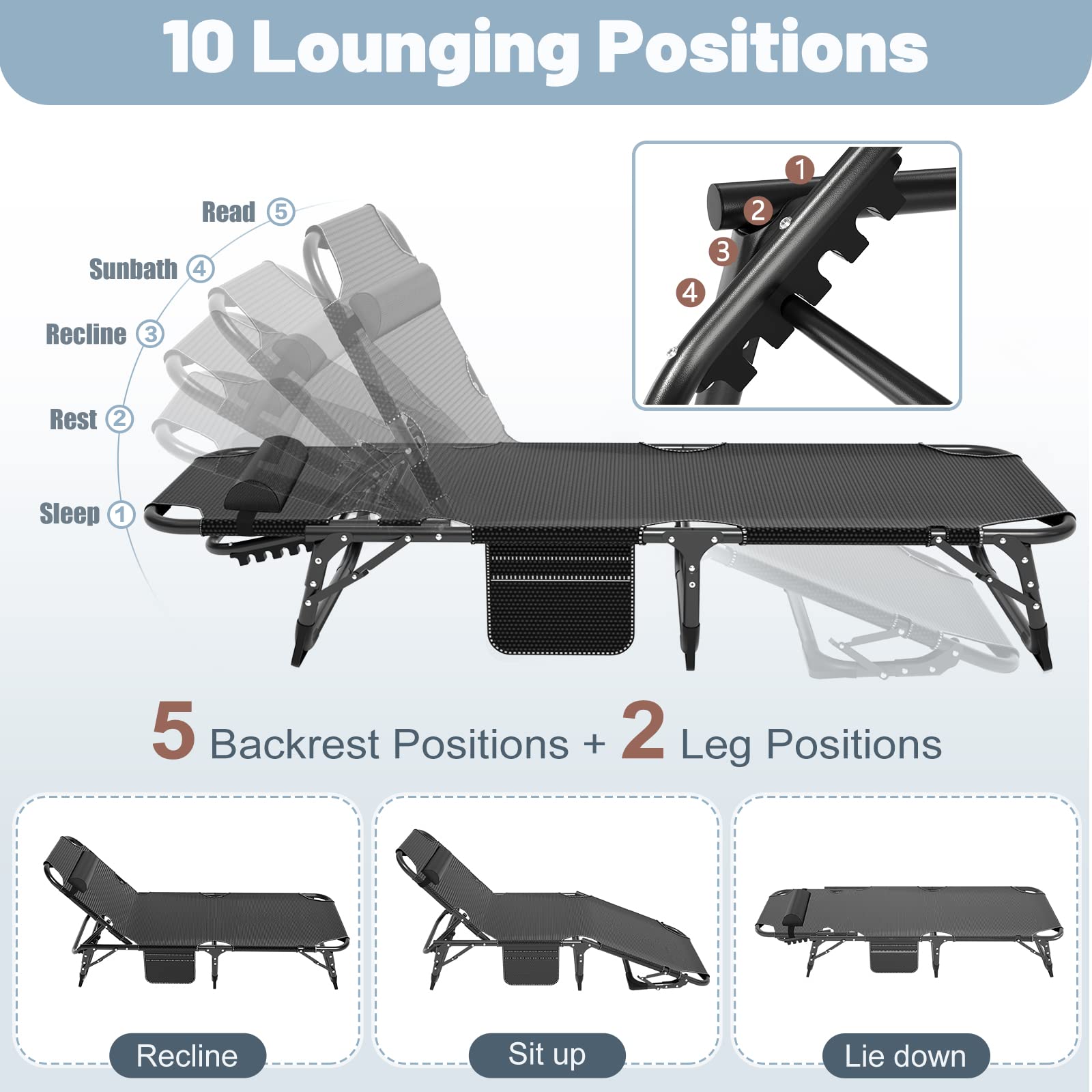 Slsy Folding Cot for Adults - 5-Position Adjustable Chaise Lounge Chair, Portable Outdoor Sleeping Bed for Camping, Beach, Poolside & Backyard | Perfect for Sunbathing, Relaxation & Travel