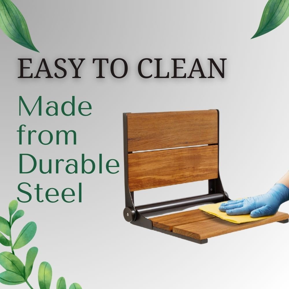 Premium Teak Shower Seat with Backrest - ADA Compliant Folding Wall Mount Bath Bench for Elderly, Disabled & Bariatric Users - 304 Stainless Steel Frame Supports 500 lbs - Oil Rubbed Bronze Finish (26