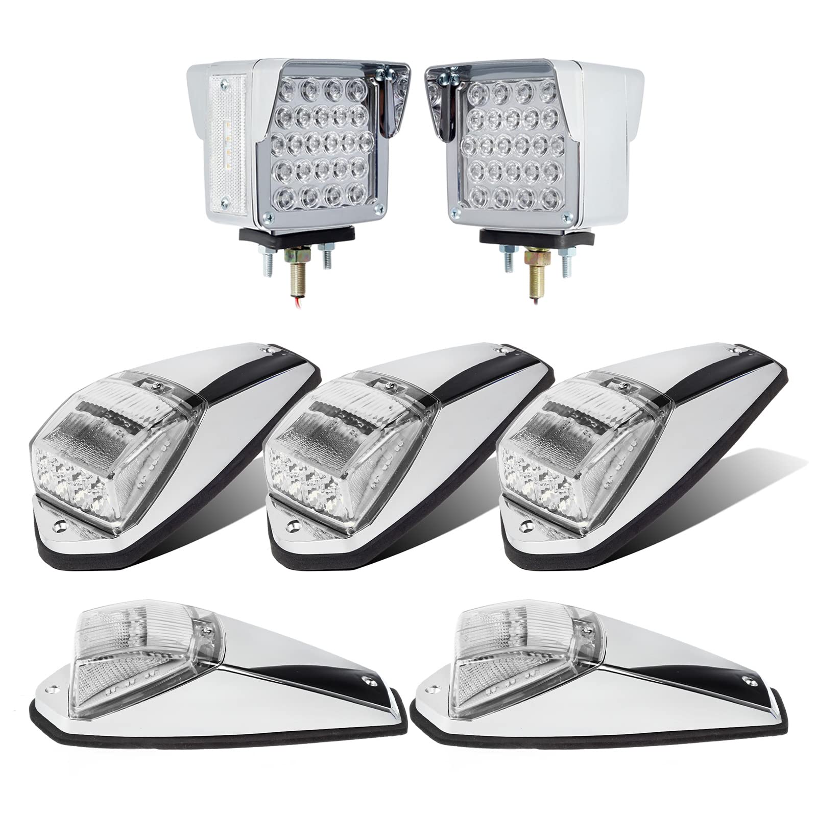 Partsam 52 LED Double Face Square Fender Pedestal Lights + 5PCS Clear/Amber Roof Running LED Marker Lights with Chrome Base - Waterproof 31 LED Truck Cab Lights for Peterbilt & Semi Trucks | Heavy Duty Lighting for Night Driving & Road Safety