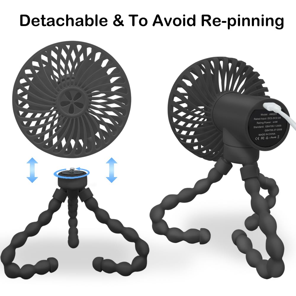 Portable Stroller Fan with Flexible Tripod - USB/Battery Powered Mini Handheld Fan for Baby, Car Seat, Student, Bed, Desk, Bike, Crib, Treadmill - Perfect for Camping, Travel & Outdoor Activities (Black)