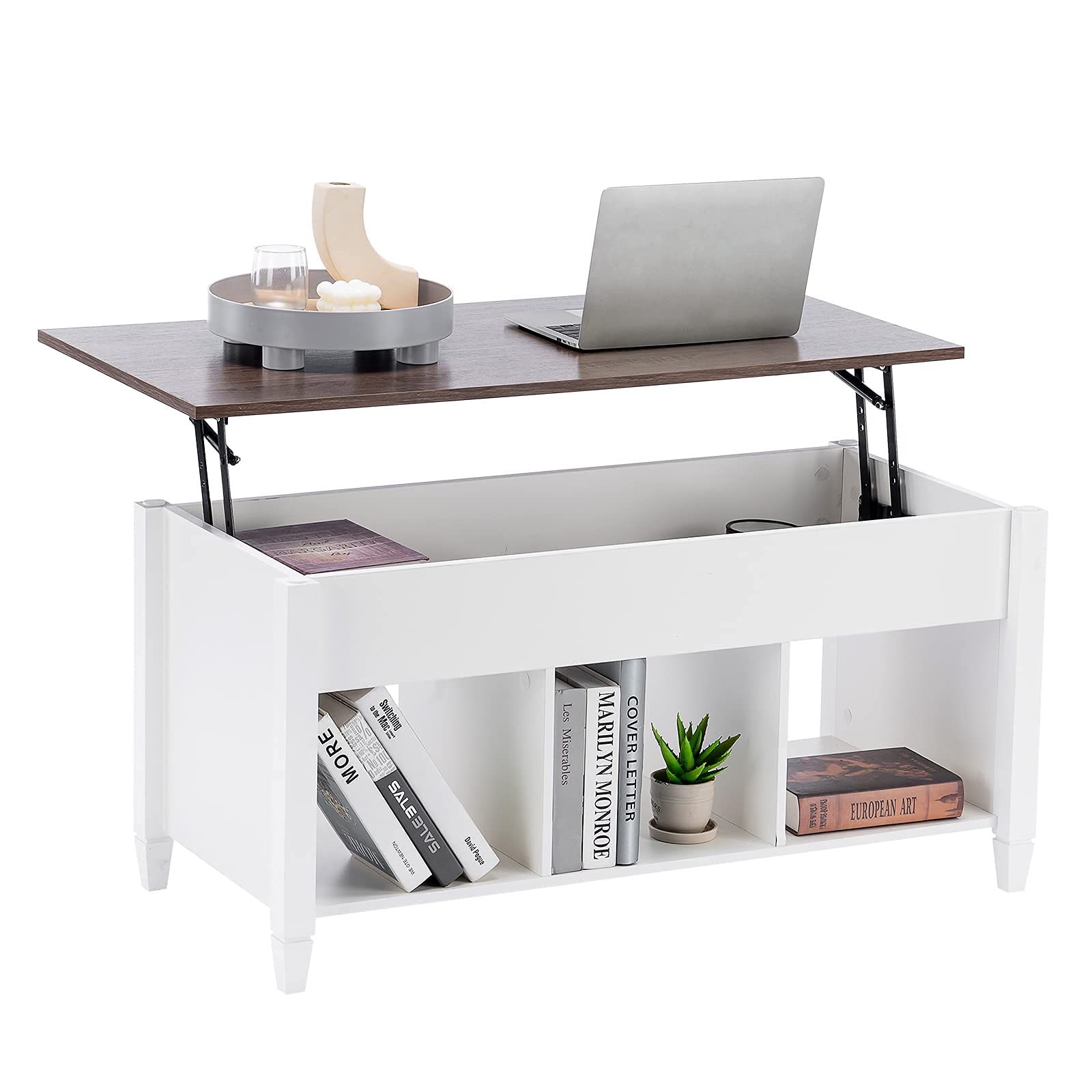 VINGLI White Lift Top Coffee Table with Storage Shelf & Hidden Compartment - Gas Lift Mechanism, Modern Pop Up Center Table for Living Room - Perfect for Small Spaces, Home Office & Entertainment Areas