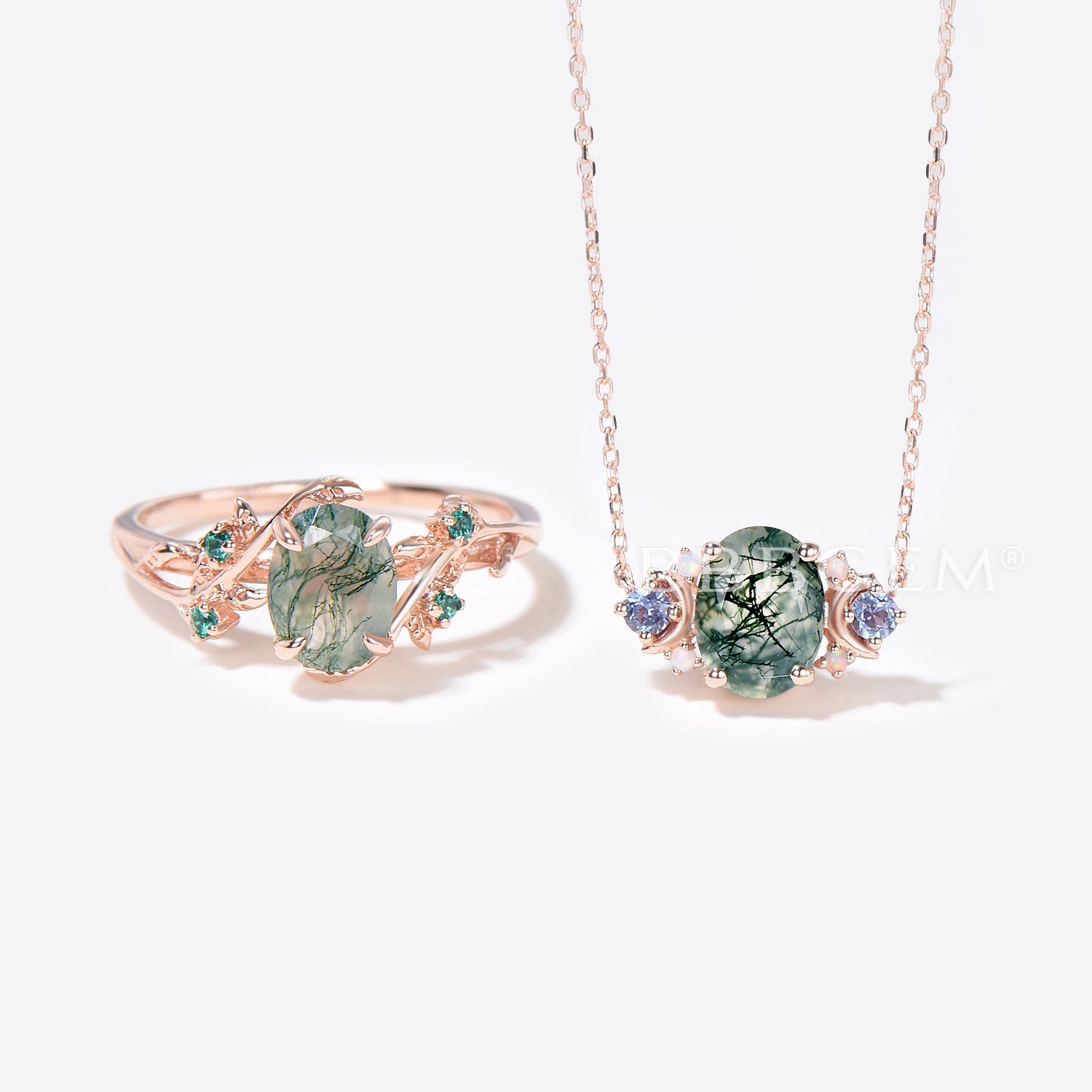 Natural Moss Agate Necklace and Ring Jewelry Set - Celestial Moon Oval Green Moss Agate Pendant with Leaf Aquatic Agate Ring - Nature Inspired Gemstone Jewelry for Women - Perfect for Boho, Wedding & Everyday Wear