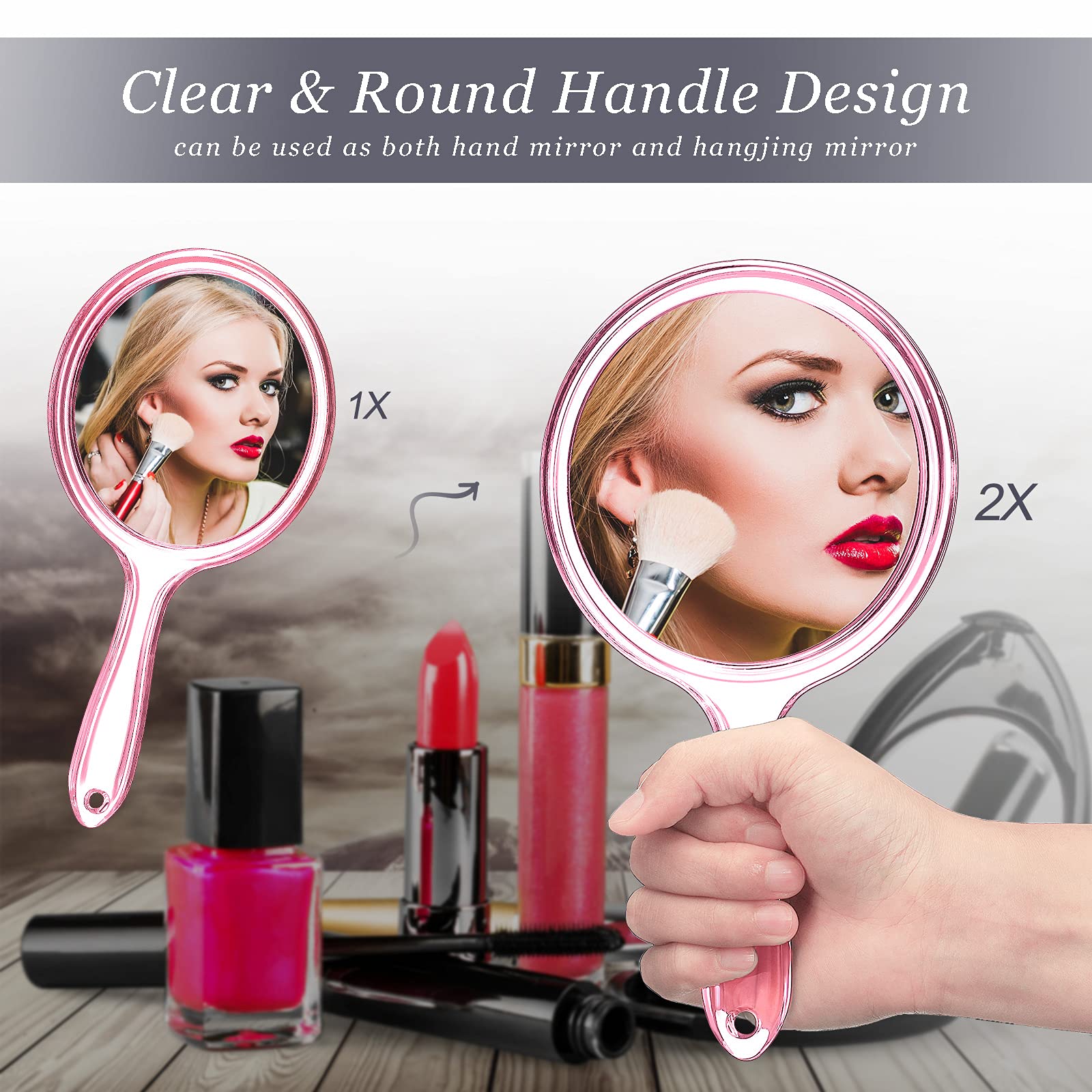 Jetec Double Sided Hand Mirror with 1X/2X Magnification - Round Makeup Mirror with Handle for Travel & Home Use (Pink) - Perfect for Makeup Application, Skincare Routine & Hair Styling