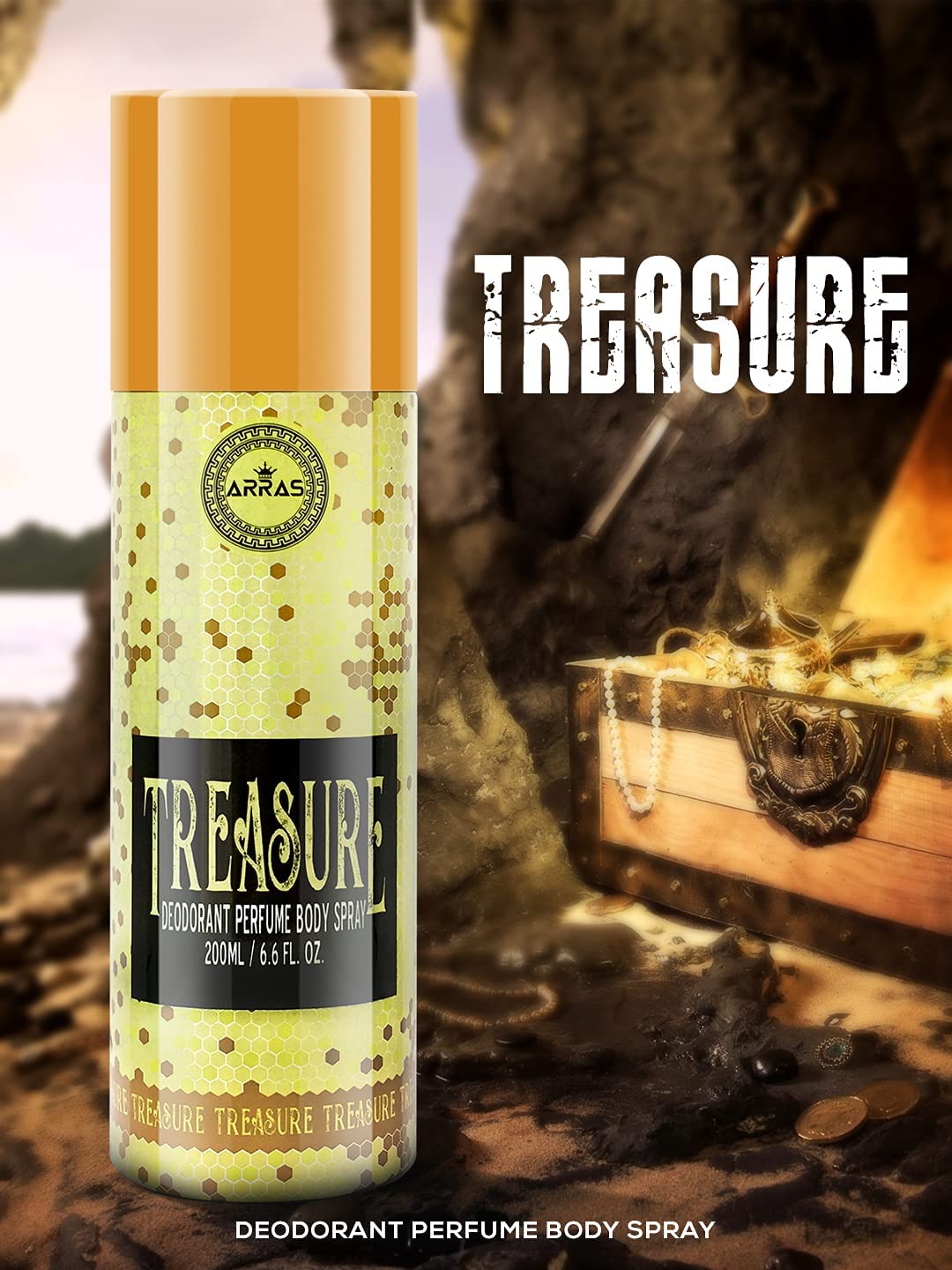 Arras Treasure Men's Deodorant Spray - 200ml Long-Lasting Fragrance, 24-Hour Odor Protection, Fresh & Classic Scent for Men - Ideal for Gym, Work & Daily Use (Pack of 1)