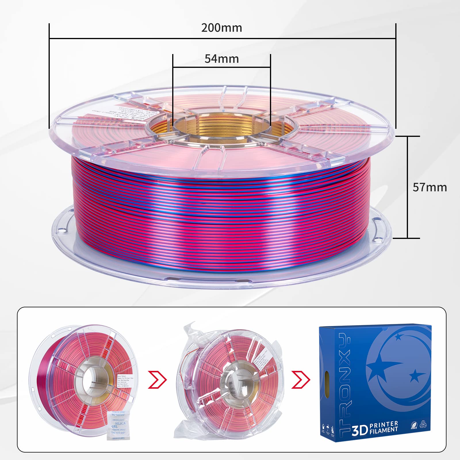 TRONXY 3D Printer Filament, Triple Color Coextrusion PLA Filament 1.75mm, Silk Red Yellow Blue Filament, 3D Printing Filament +/-0.03mm, 1kg/2.2lbs - Perfect for DIY Projects, Cosplay Props, and Creative Models