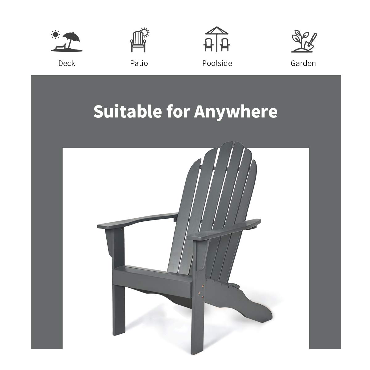 Premium Acacia Wood Adirondack Chair - Heavy Duty 350 lbs Weight Capacity, Weather-Resistant Outdoor Lounge Chair for Patio, Garden, Poolside, Deck & Fire Pit - Perfect for Relaxing in Backyard, Balcony or Lakeside (Gray)