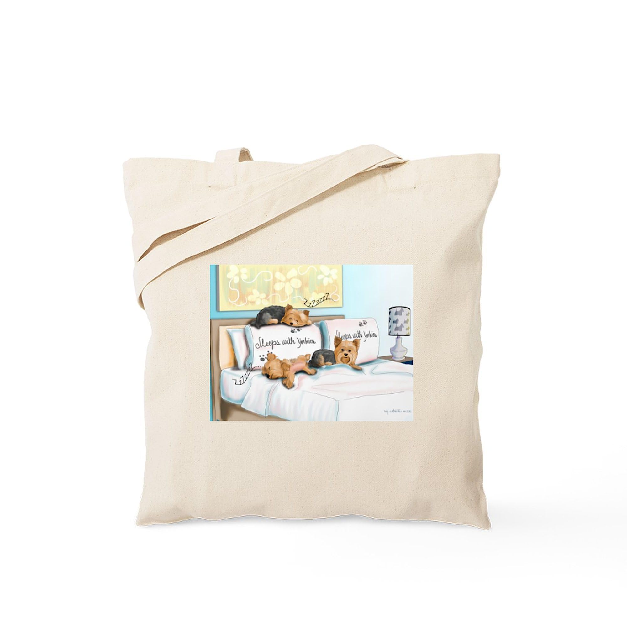 Sleeps With Yorkies Tote Bag - Natural Canvas Reusable Shopping Bag for Women | Eco-Friendly Grocery Tote for Dog Lovers, Pet Owners & Yorkie Fans | Perfect for Shopping, Beach Trips & Daily Use