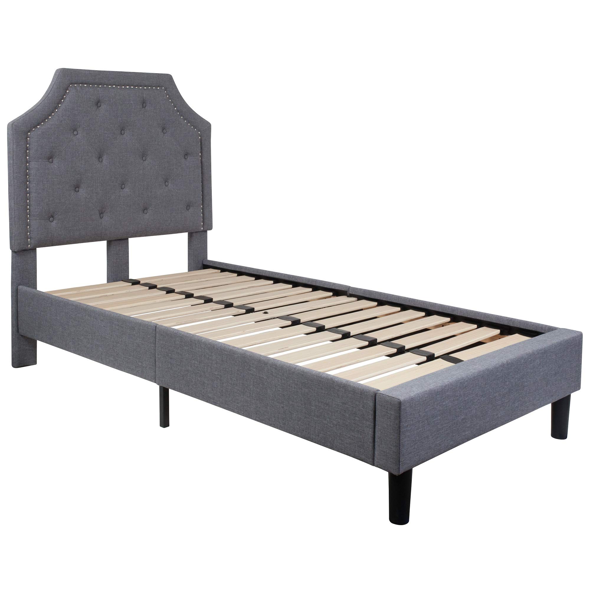 F&F Furniture Group 6.75' Gray and Beige Button Tufted Upholstered Platform Bed with Arched Headboard - Twin Size Bed Frame for Kids, Teens & Guest Rooms | Modern Bedroom Furniture for Small Spaces