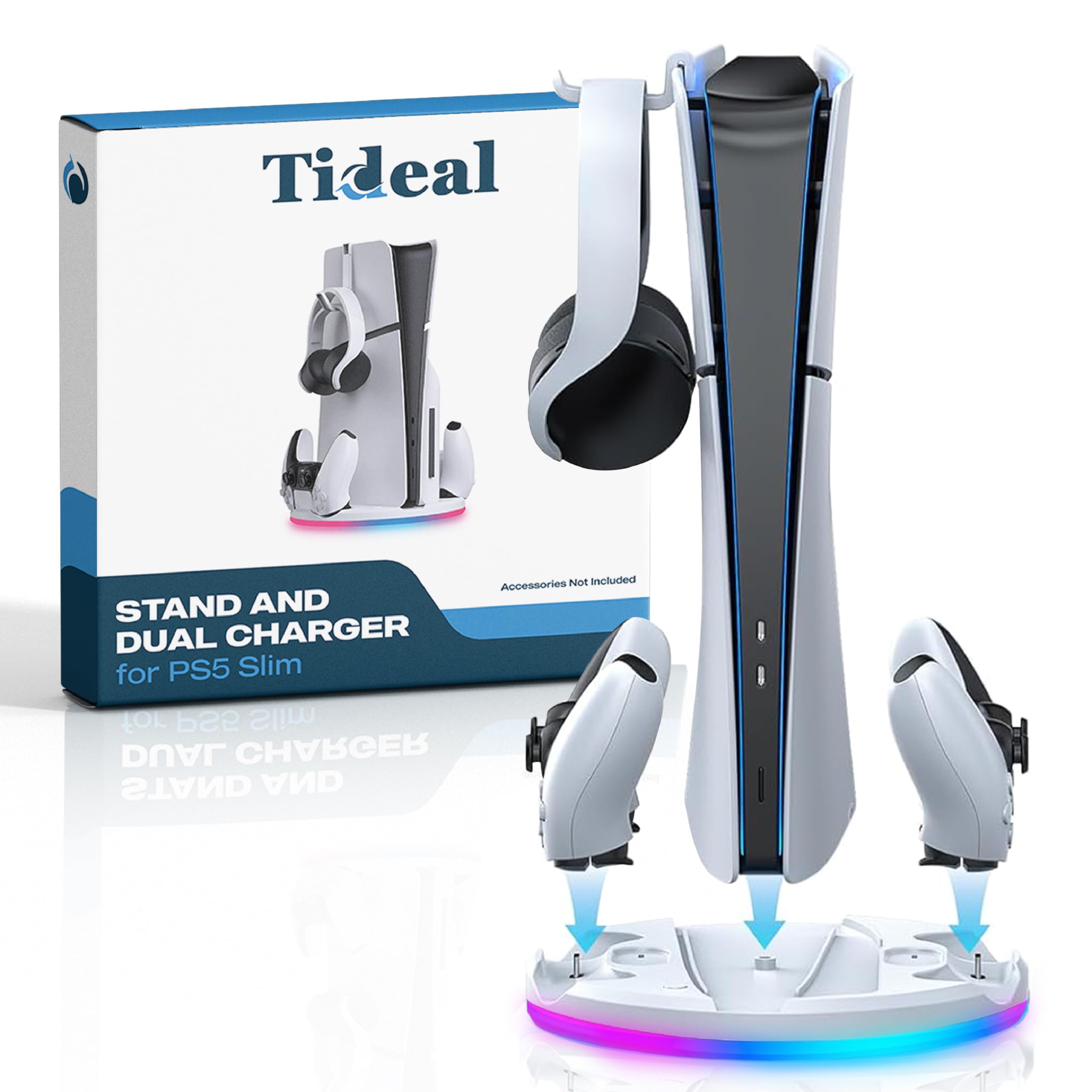 PS5 Slim Vertical Stand with Dual Controller Charger - RGB Lighting Gaming Station for PlayStation 5 | Includes Headset Hook & Fast Charging for DualSense & Edge Controllers | Perfect for Gaming Setup & Console Protection