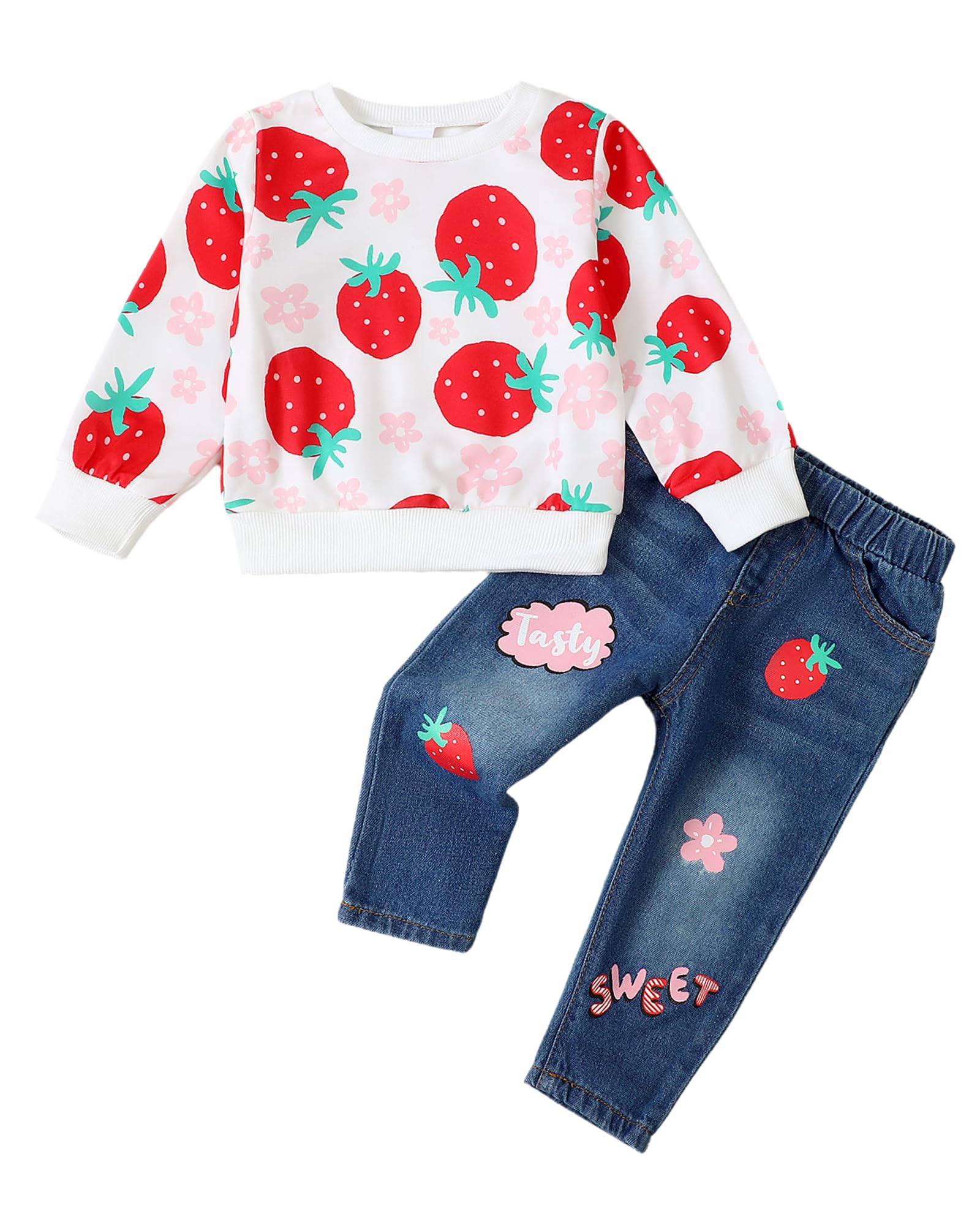 Kucnuzki Toddler Baby Girl Outfit - Long Sleeve Hoodie Crewneck Sweatshirt & Denim Jeans Set for Fall Winter | Cute Casual Playdate & Family Photo Outfits