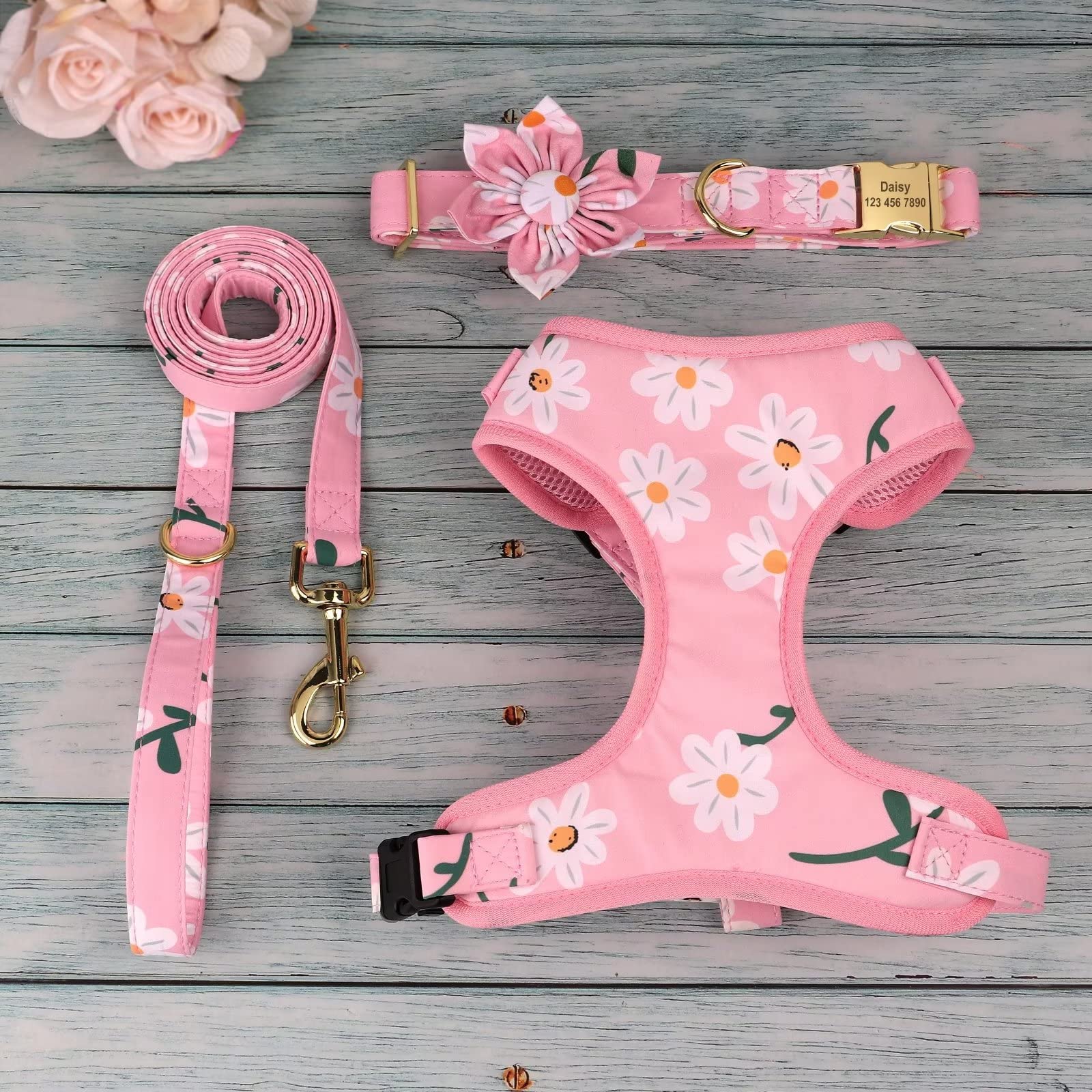 Beirui Cute Personalized Dog Collar, Harness & Leash Set with Detachable Flower - Soft Adjustable Mesh Vest for Small Medium Large Dogs - Perfect for Daily Walks, Training & Outdoor Adventures (Pink, Size S)