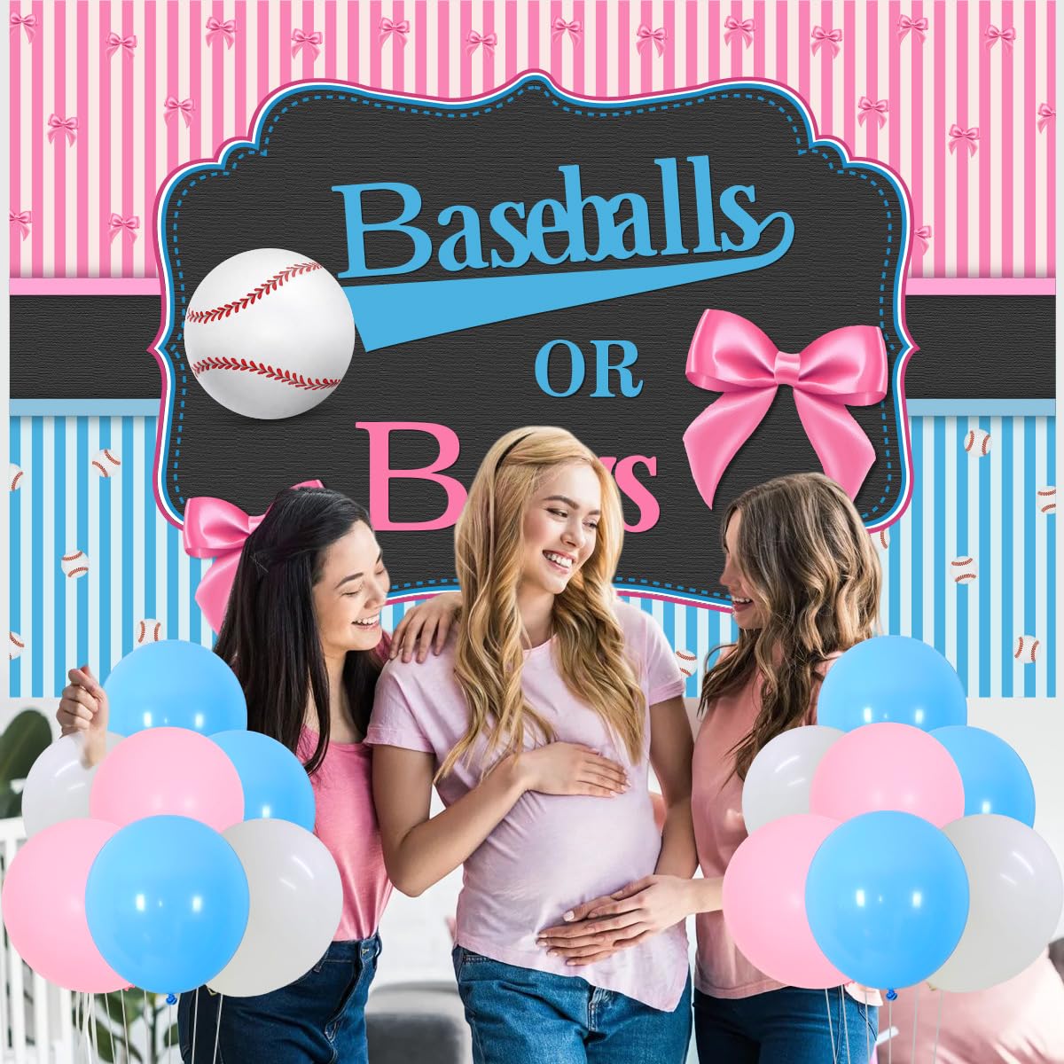 Baseball Gender Reveal Party Decorations Set - Baseball & Bow Backdrop, Latex Balloons for Baby Shower, Pregnancy Celebration (Blue & Pink) - Perfect for Baseball-Themed Gender Reveal Parties & Baby Showers