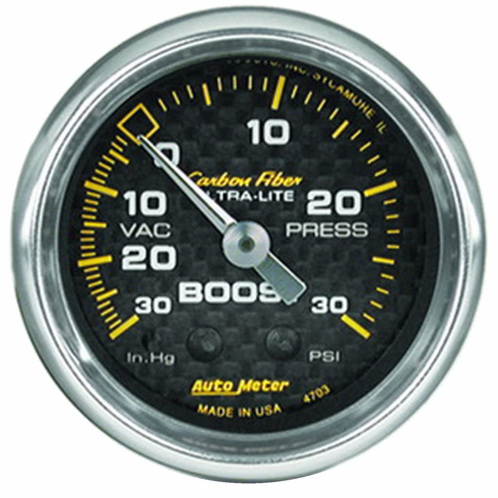 AutoMeter 52mm Carbon Fiber Mechanical Boost Gauge - 30 PSI - Performance Monitoring for Turbocharged & Supercharged Vehicles - Perfect for Racing, Tuning & Engine Diagnostics
