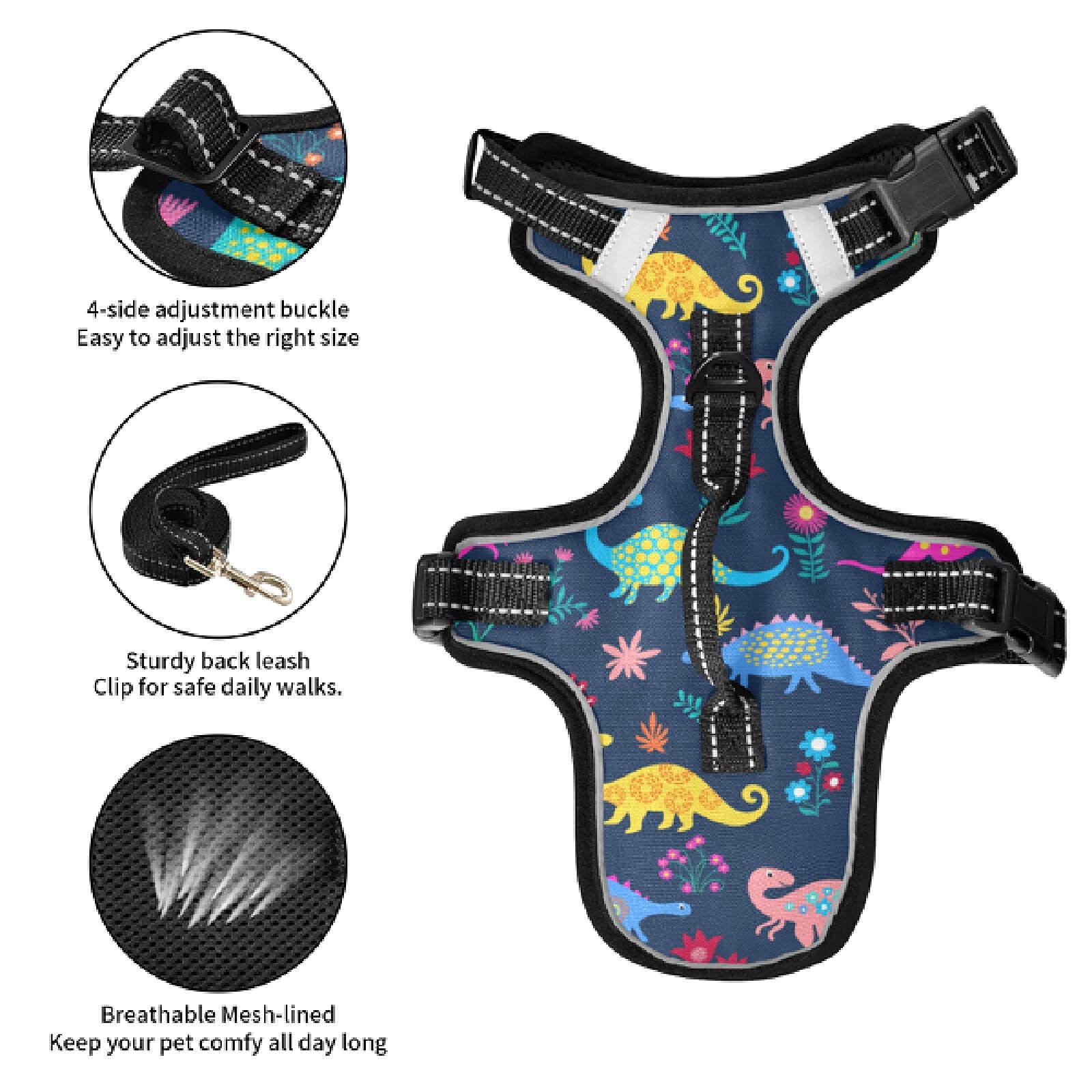 Dinosaur Dog Harness No Pull Reflective Vest - Breathable Pet Harness with Nylon Handle for Small & Medium Dogs - Perfect for Walking, Hiking & Nighttime Safety