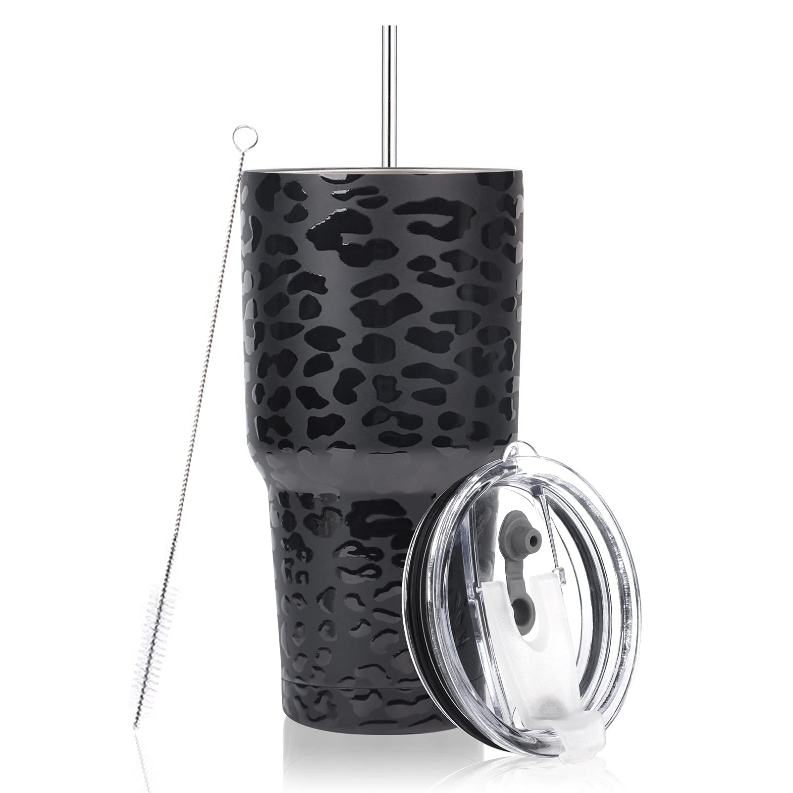 30oz Leopard Print Stainless Steel Tumbler with Straw & Cleaning Brush - Insulated Travel Mug for Hot & Cold Drinks - Perfect for Gym, Office, Hiking and Outdoor Activities