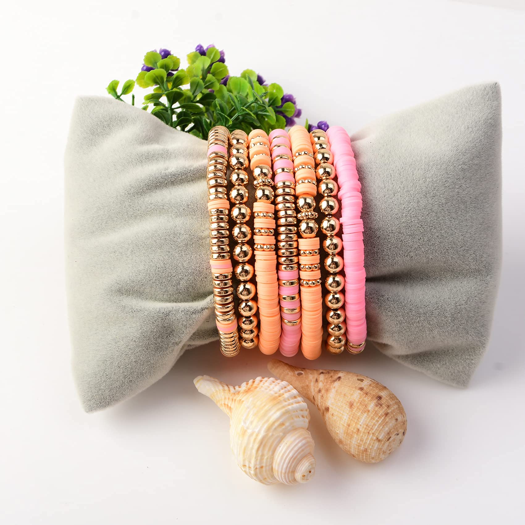GOOJIDS Surfer Heishi Clay Bead Bracelets for Women - Bohemian Stackable Gold Beaded Stretch Bracelets - Elastic Layering Friendship Bracelets Set - Boho Jewelry for Beach, Festival, Yoga & Everyday Wear