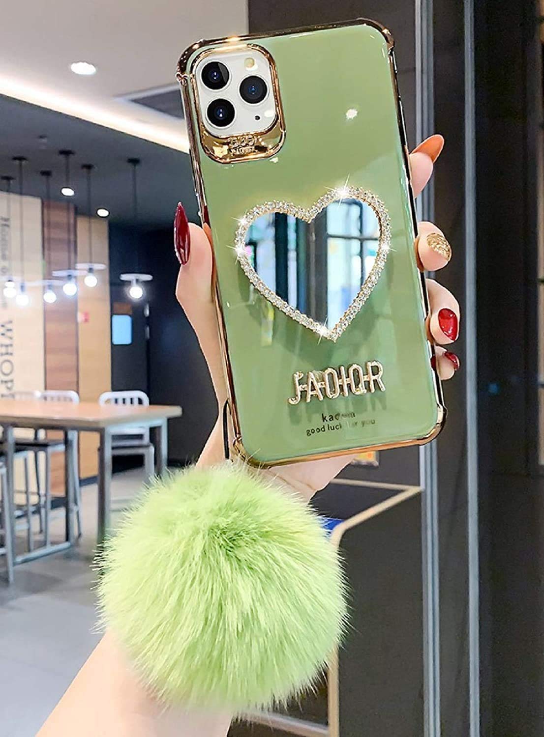 LELEBEAR Bling Heart-Shaped Mirror Phone Case for iPhone 12 Pro Max - Light Green Luxury Makeup Mirror Mobile Cover | Perfect for Selfies, Makeup Touch-Ups & Glamorous Outfits
