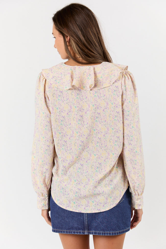 Pastel Floral Ruffle Trim Blouse for Women - Elegant Spring Summer Top - Perfect for Office, Date Night & Casual Outings