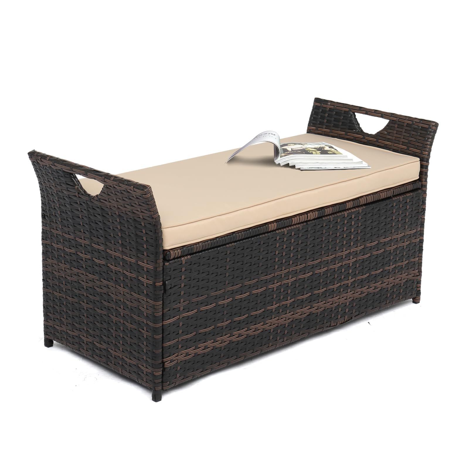 VINGLI 40 Gallon Outdoor Storage Bench with Cushion - Rattan Wicker Deck Box with Seat for Patio, Garden, Balcony, Porch, Pool & Yard | Weather-Resistant Brown Frame & Beige Cushion | Perfect for Outdoor Seating, Blanket Storage & Poolside Organization