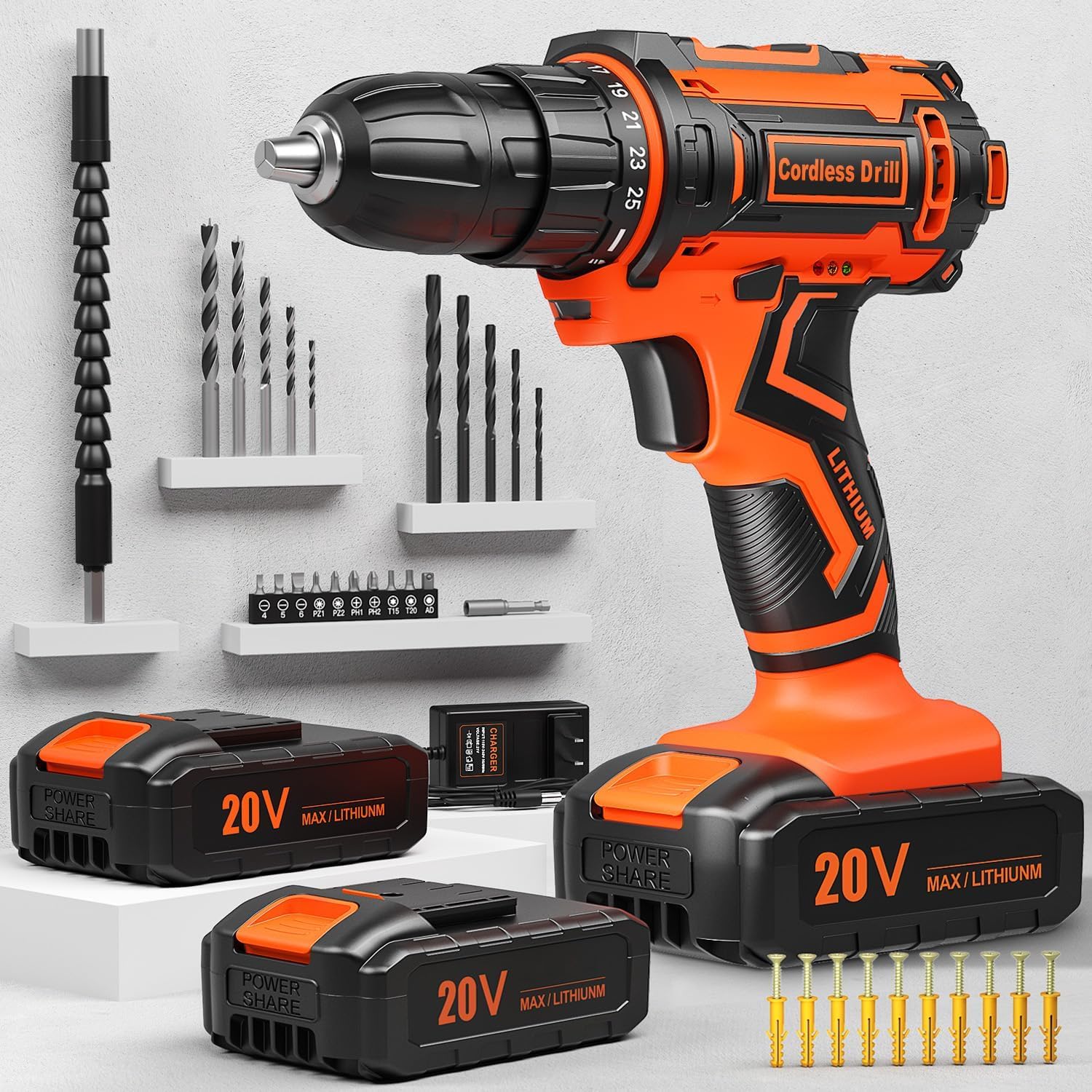 20V Cordless Drill with 2 x 2000mAh Batteries & Charger - 3/8