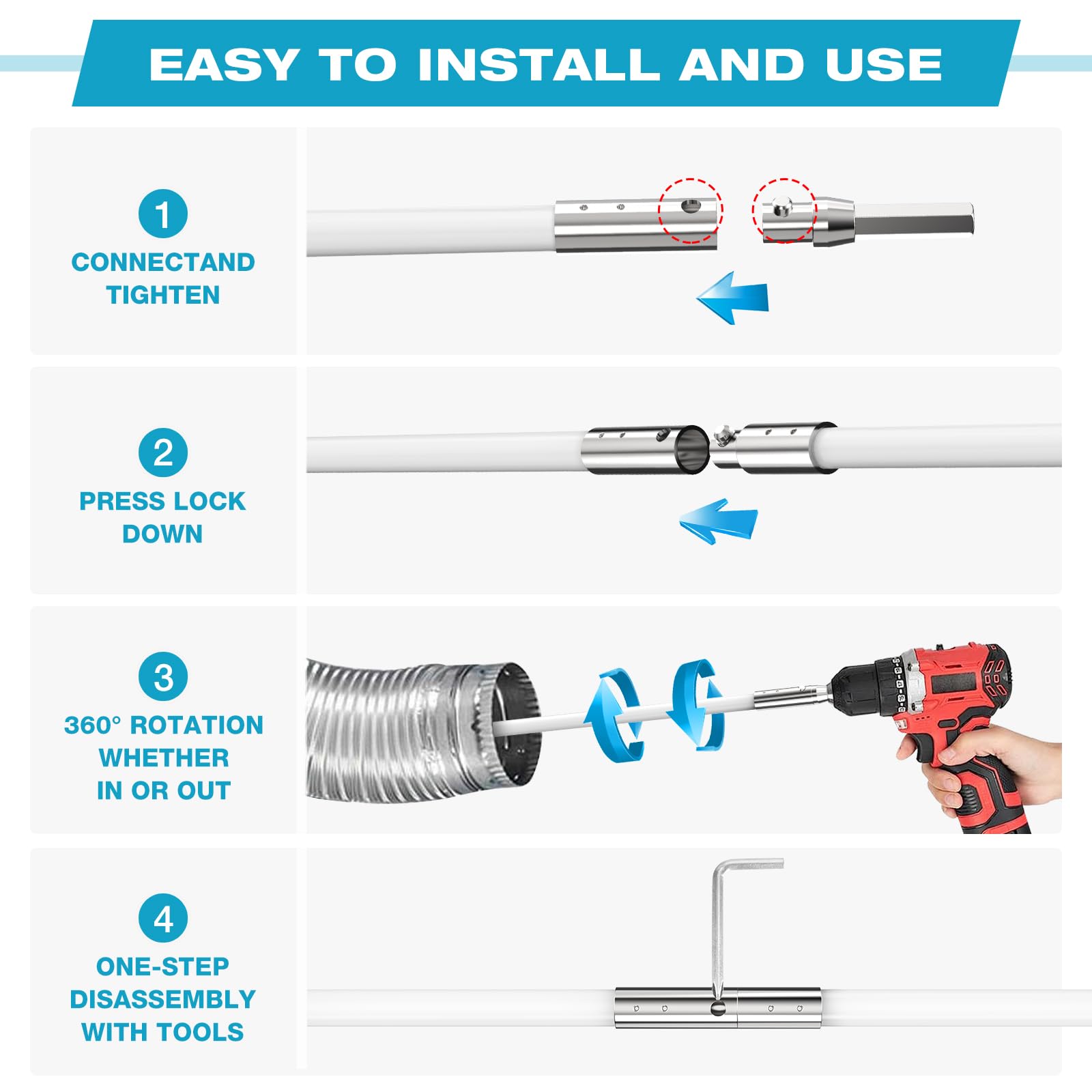 Sealegend 30 FT Dryer Vent Cleaning Kit - Dual Synthetic Brush Head, Flexible Quick-Snap Design, Drill Attachment, Extends Up to 30 Feet - Ideal for Home Laundry Room, Apartment, RV & Commercial Dryer Vent Maintenance