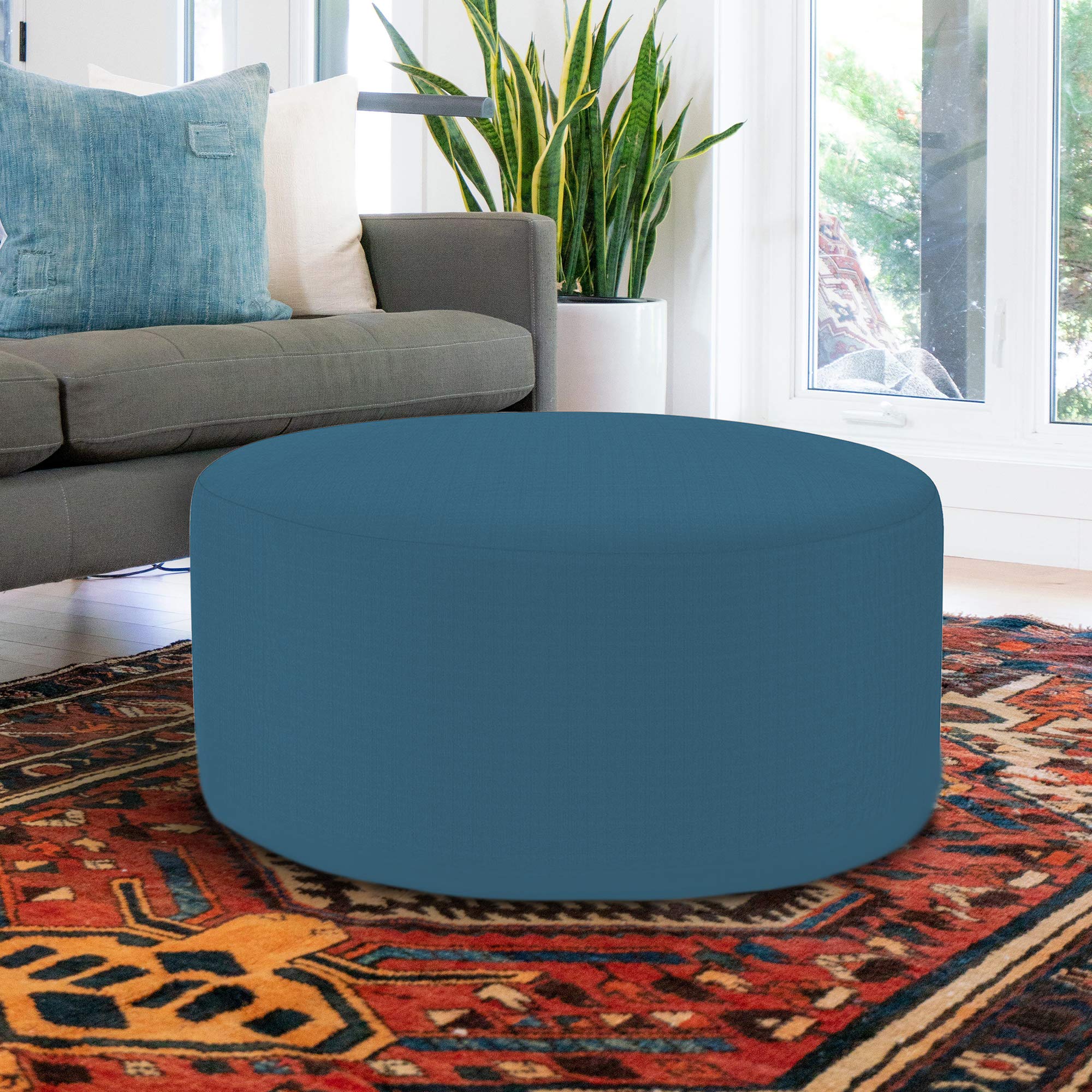 Howard Elliott 36 Inch Round Ottoman with Removable Cover - Multipurpose Padded Footrest, Side Table & Seating Stool for Living Room, Office & Bedroom - Seascape Turquoise - Perfect for Relaxing Feet, Extra Seating or Coffee Table Alternative
