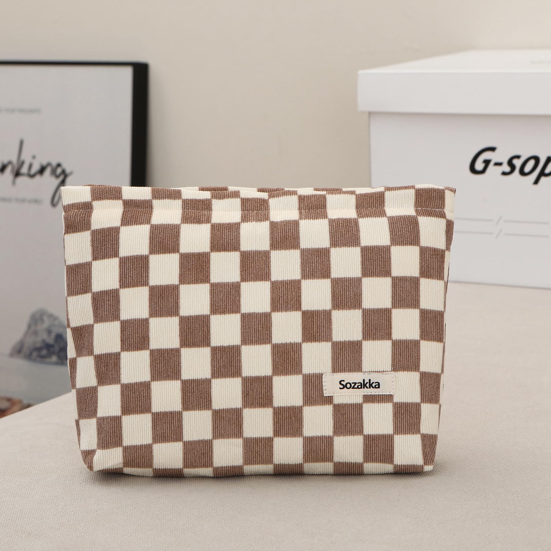 Stylish Canvas Checkered Makeup Bag for Women - Travel Cosmetic Organizer with Zipper, Brown Makeup Pouch for Girls | Perfect for Travel, Gym, and Daily Essentials Storage