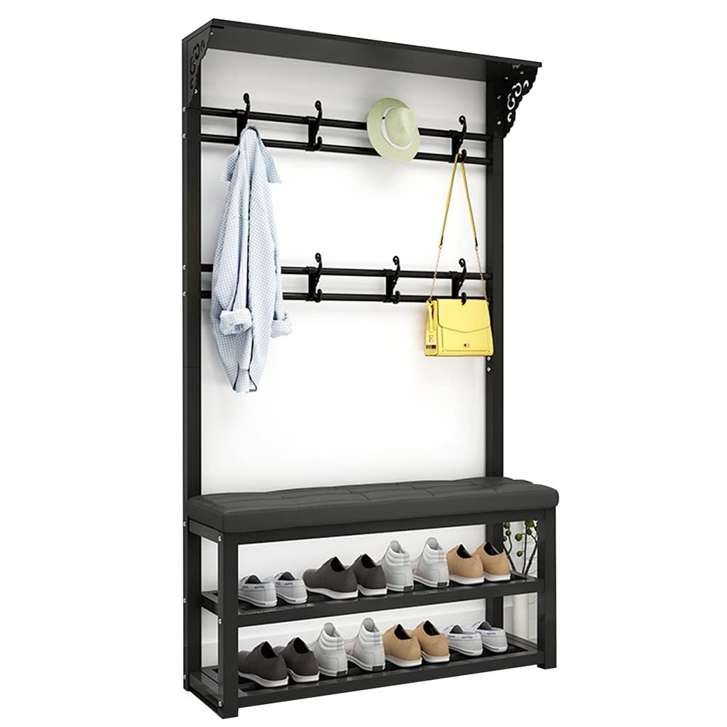 4-in-1 Industrial Coat Rack Shoe Storage Bench with Metal Frame - Entryway Hall Tree Organizer with Coat Hooks (100x30x172cm, Black PU) - Perfect for Small Spaces, Apartments & Mudroom Organization