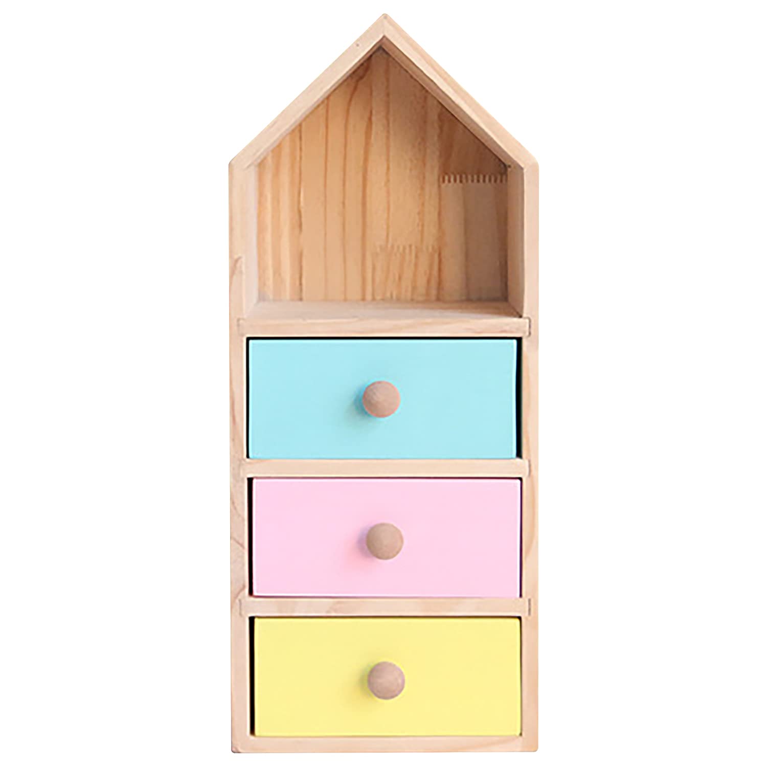 House-Shaped Wall Shelf with 3 Drawers - Wooden Floating Dresser Shelf for Kids Bedroom - Nursery Decor & Book Storage - Compact Desk Organizer (7.9x1.8x11.4 inches) - Perfect for Small Space Organization, Toy Storage & Wall Decor