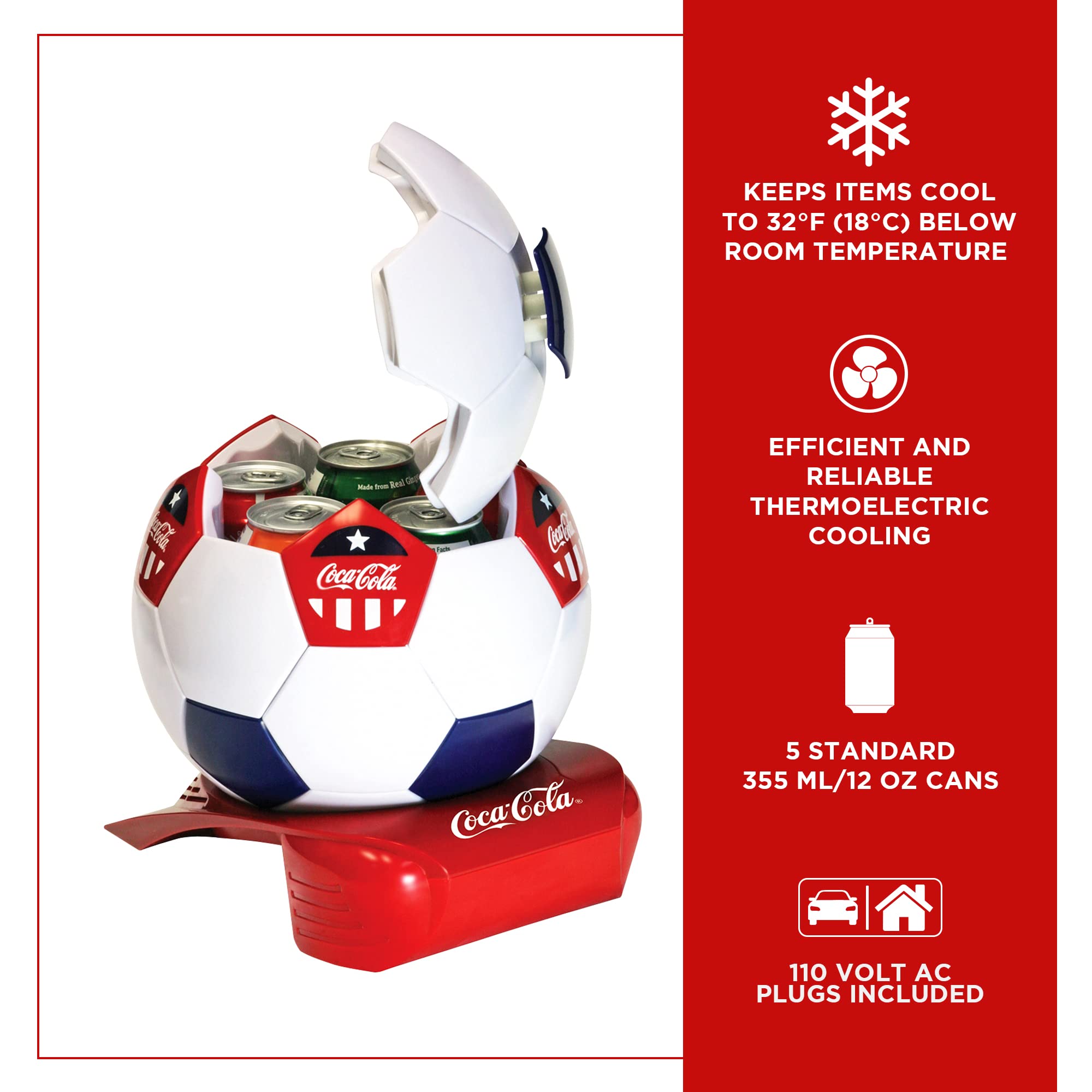 Coca-Cola Soccer Ball Mini Fridge - 5 Can Portable Beverage Cooler with Hidden Opening (White/Red/Black) | Perfect for Man Cave, Game Room, Dorm, Office & Sports Fan Gifts | Compact Fridge for Soda, Beer & Energy Drinks