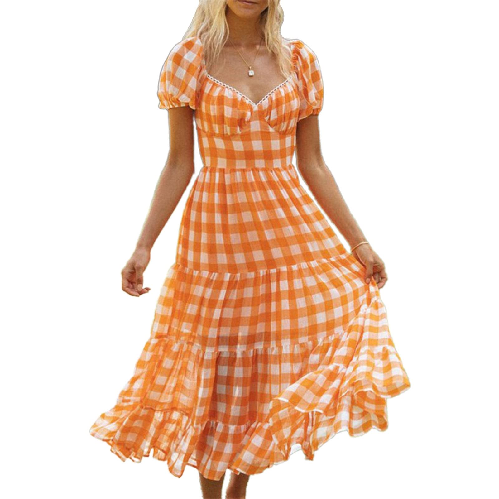 Stylish Plaid Puff Sleeve Midi Dress with Backless Tie-Up Design - Perfect for Vacation, Beach Getaways & Summer Outings