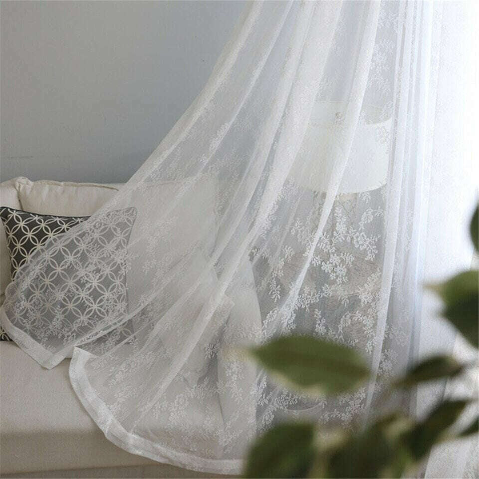 Remy European White Net Floral Embroidered Sheer Curtains - Elegant Lace Window Drapes for Living Room, Bedroom & Wedding Decor