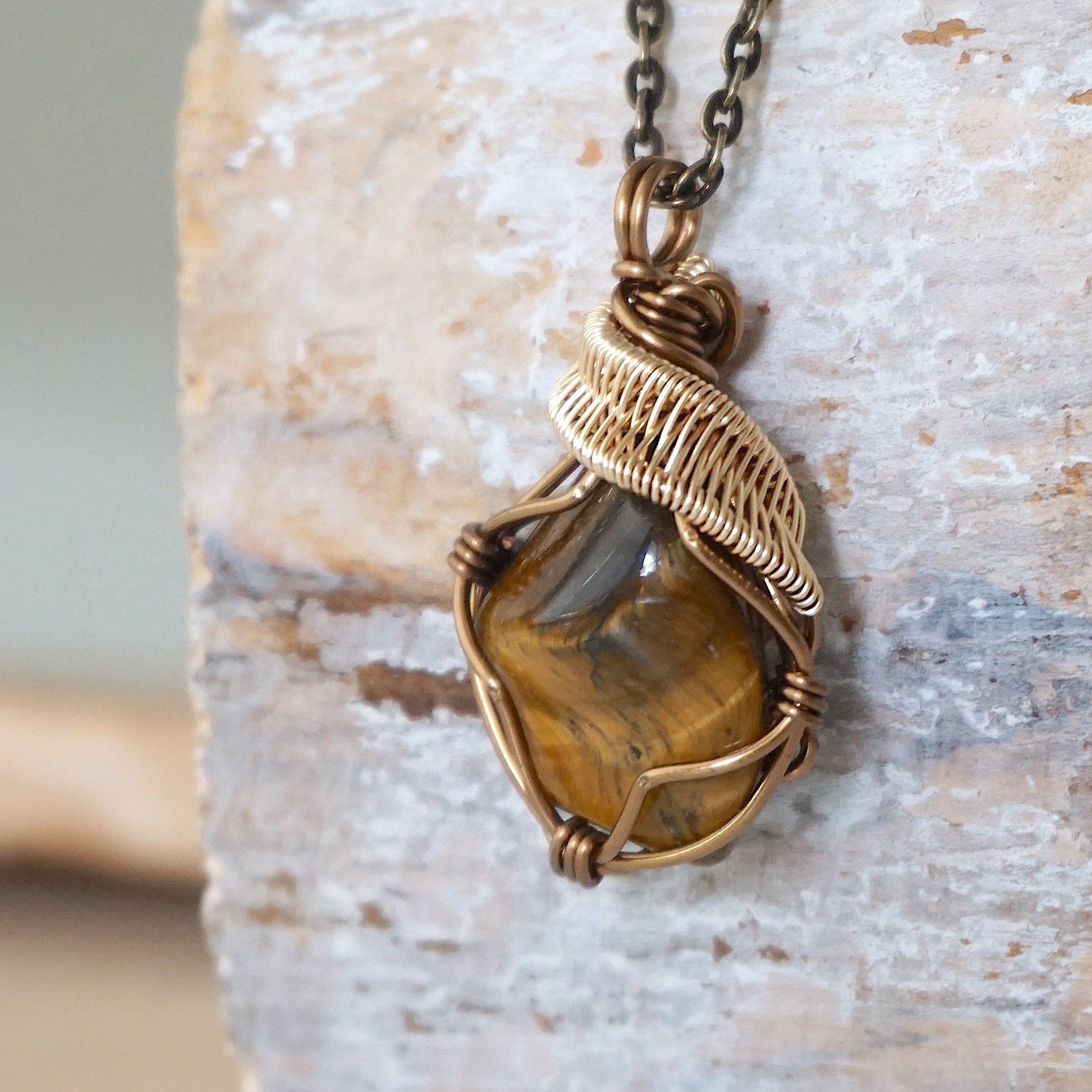 Handmade Wire Wrapped Raw Tiger's Eye Pendant Necklace - Antique Bronze & Gold Plated Jewelry for Women - Perfect for Boho Style, Spiritual Healing & Everyday Wear