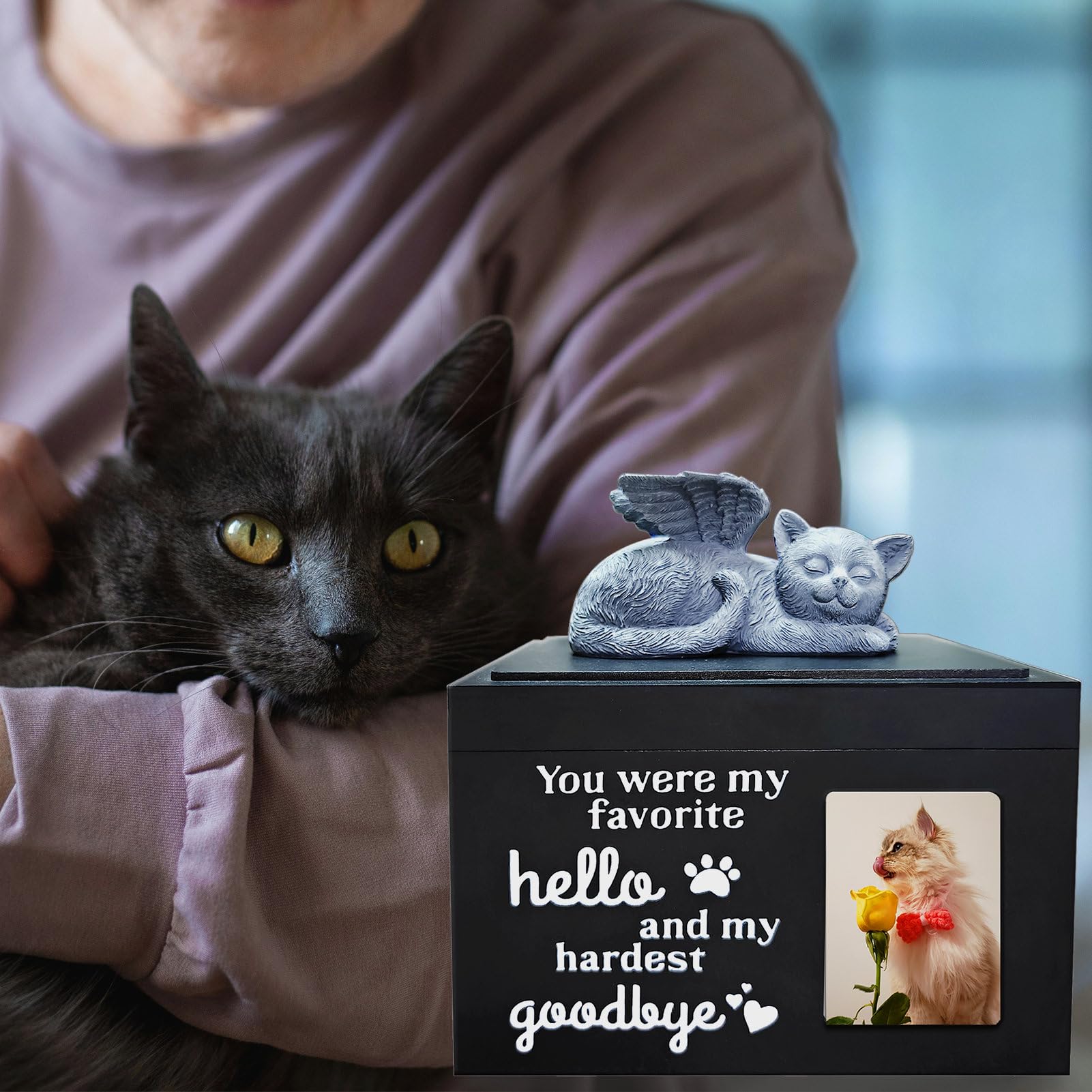 Premium Wooden Cat Urn for Ashes - Elegant Black Pet Cremation Box with Angel Charm | Memorial Keepsake for Beloved Cats | Perfect for Home Memorials & Pet Loss Comfort