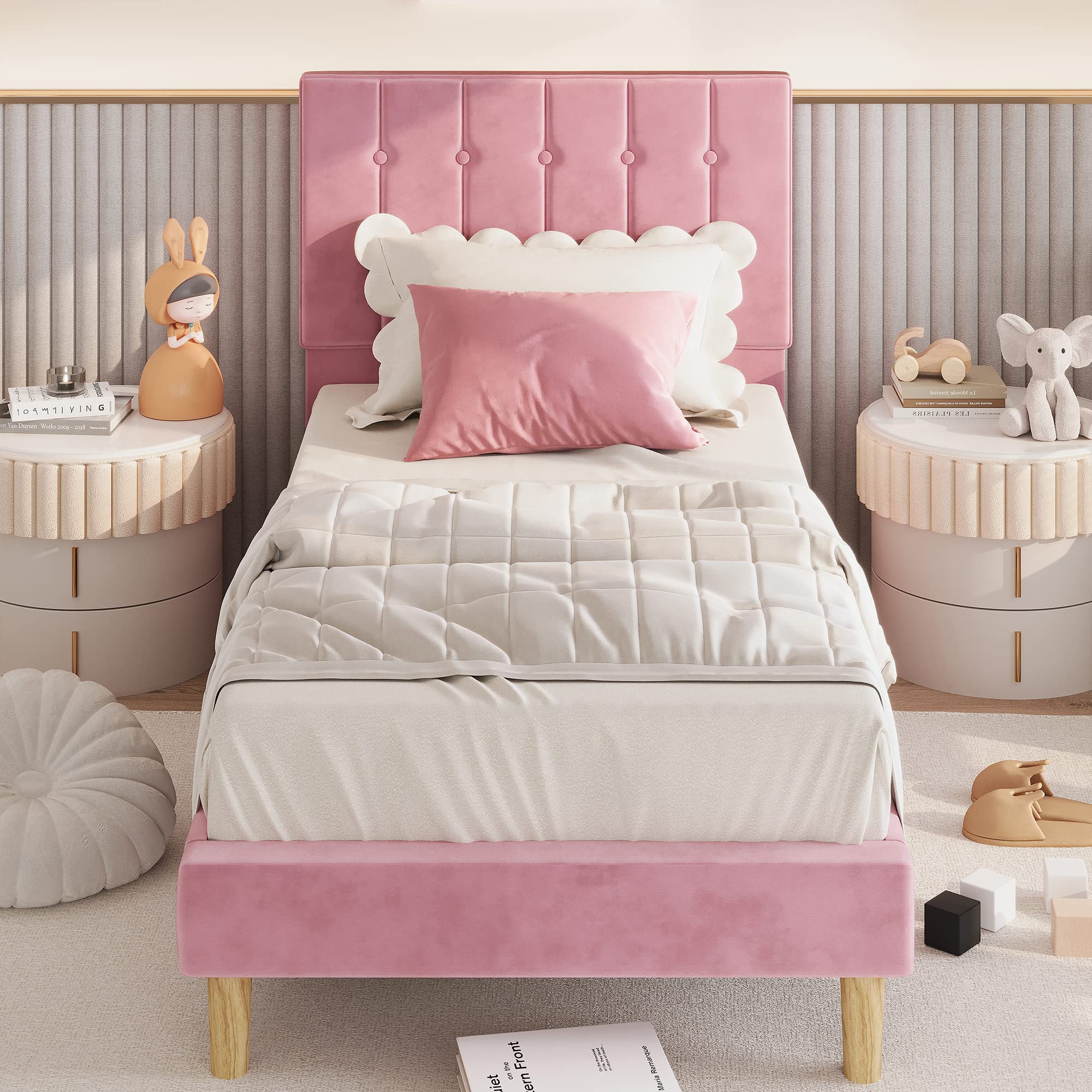 LIKIMIO Twin Bed Frame with Headboard - Velvet Upholstered Platform Bed with Wooden Slats | No Box Spring Needed | Noise-Free | Easy Assembly | Pink | Perfect for Small Bedrooms, Guest Rooms & Kids Rooms