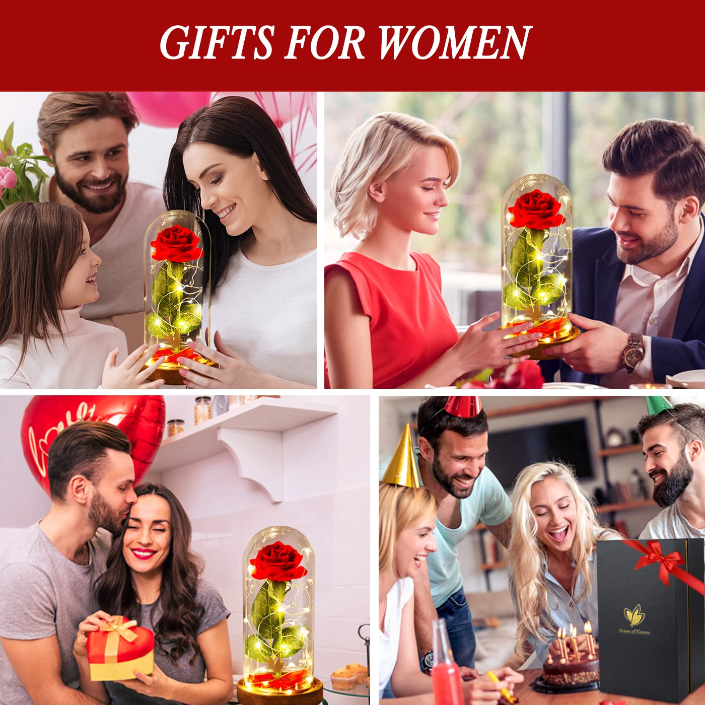 Beauty and The Beast Rose Gift Set - Red Silk Rose with Warm LED Lights, Forever Lasting Romantic Valentine's Day, Anniversary & Birthday Gift for Her - Perfect for Home Decor, Wedding Centerpiece, and Special Occasion Presents
