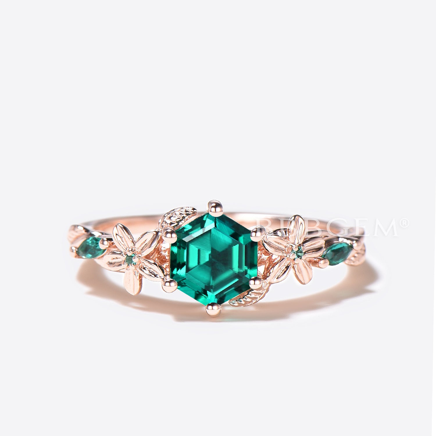 Hexagon Cut Emerald Engagement Ring in Rose Gold with Leaf Design - Floral Wedding Band for Brides, Anniversaries & Romantic Occasions
