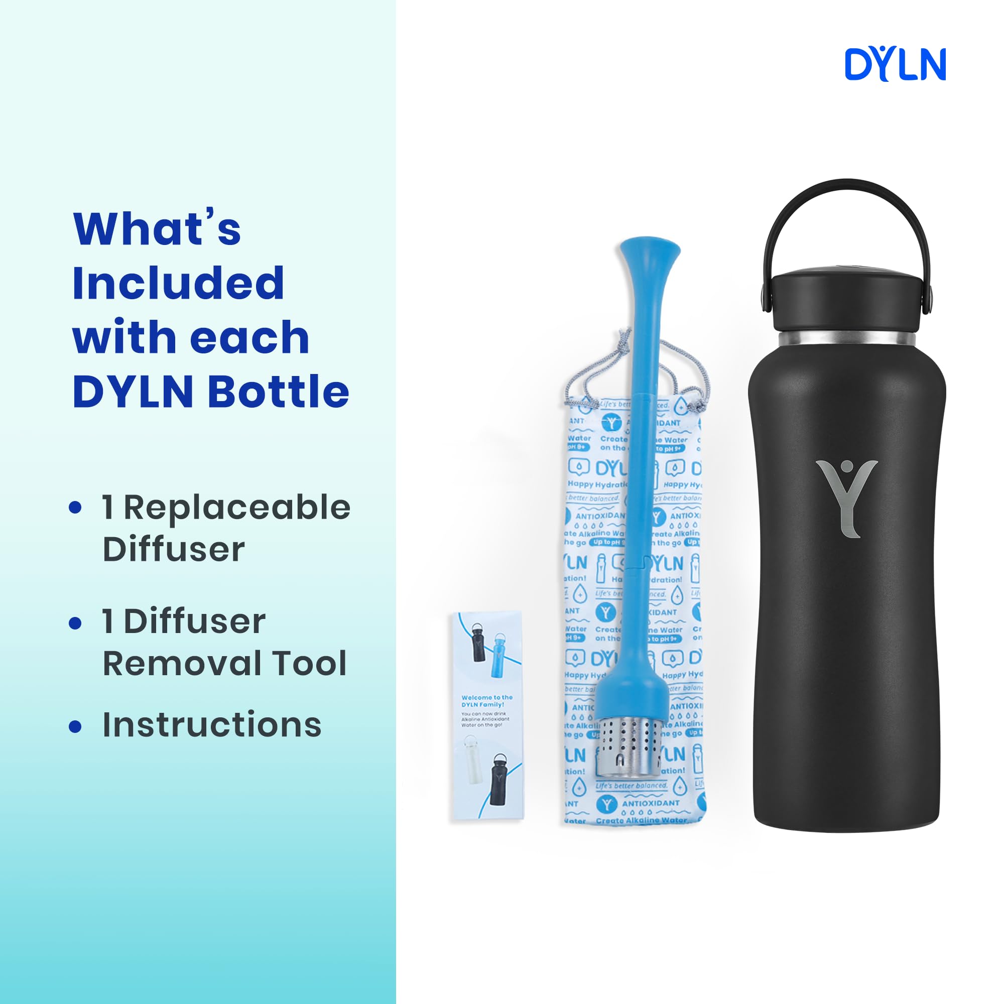DYLN Alkaline Water Bottle - Portable Hydrogen Water Generator with 9.5 pH Balance | Vacuum Insulated Stainless Steel Bottle Keeps Drinks Cold 24 Hours | Perfect for Gym, Hiking & Daily Hydration