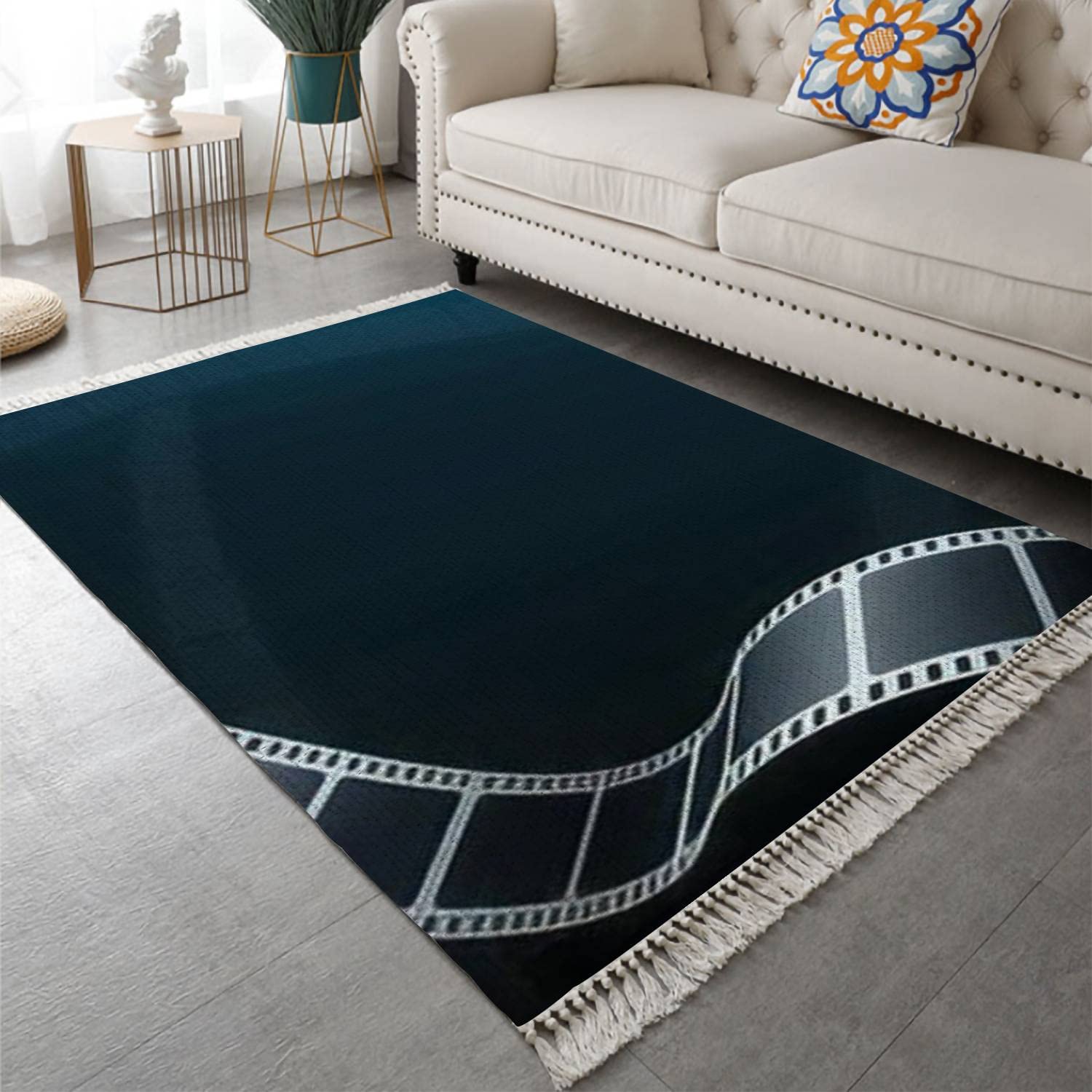 Washable Cotton Linen Area Rug with Tassel - 3D Isometric Film Strip Design - 4'x6' Woven Carpet Runner for Entryway, Bedroom, Kitchen & Laundry Room - Perfect for Home Theater, Movie Night Decor & Cozy Living Spaces