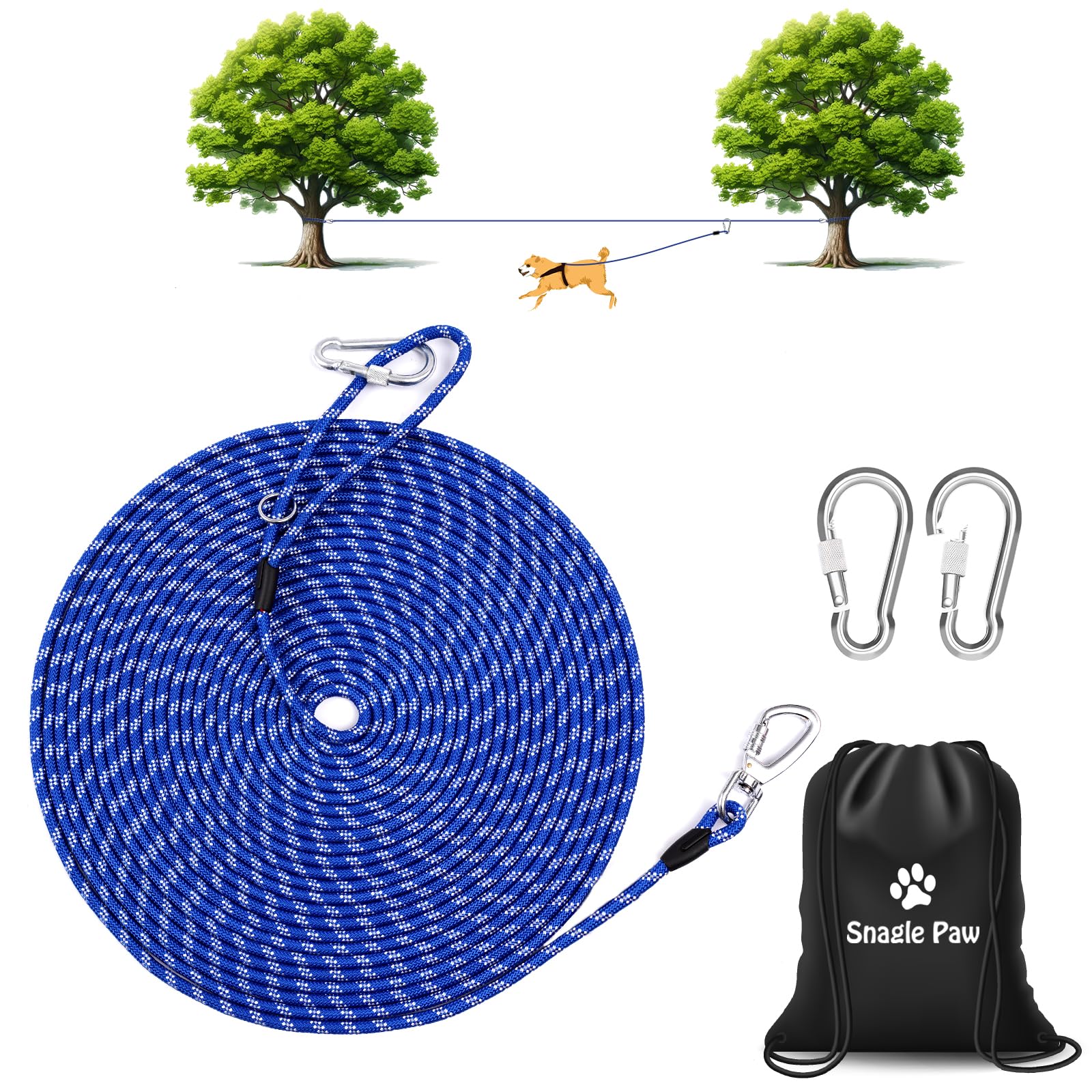 Snagle Paw 200FT Heavy Duty Dog Runner Leash - 3-in-1 Reflective Dog Tie Out Cable for Small, Medium & Large Dogs - Outdoor Training Lead for Yard, Park, Camping & Backyard (Blue, 2 Dog Pack) - Perfect for Secure Playtime, Exercise & Outdoor Adventures