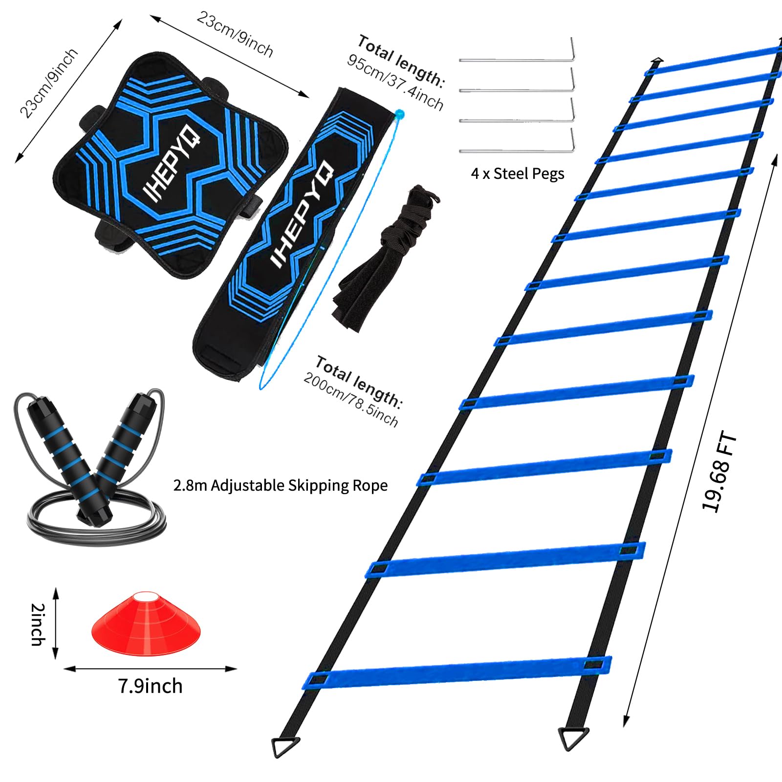 **12-Rung 20Ft Agility Ladder & 12 Disc Cones Soccer Training Set with Jump Rope & Steel Stakes - Speed & Footwork Drills for Soccer, Football, Basketball - Perfect for Home, Gym & Field Practice**