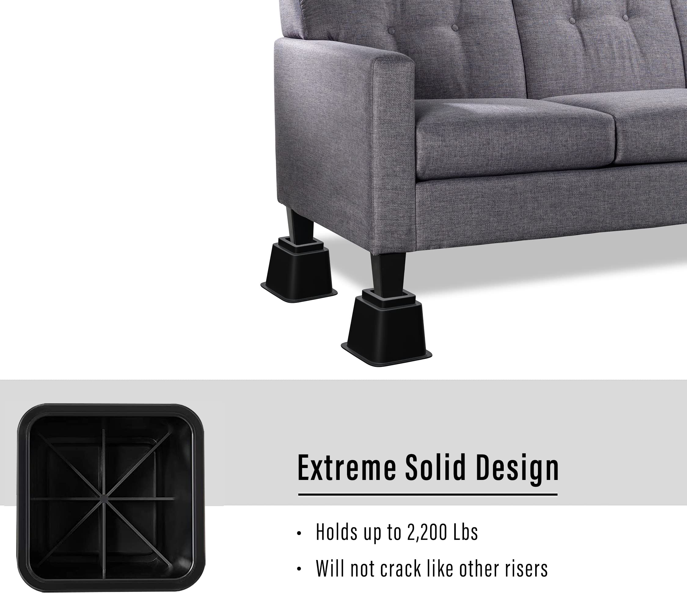 Lufia 5 Inch Heavy Duty Bed Furniture Risers - Stackable Bed Lifts for Sofa, Table, Couch, Chair & Desk - Set of 4 Sturdy Bed Elevators - Perfect for Extra Storage Space & Home Organization