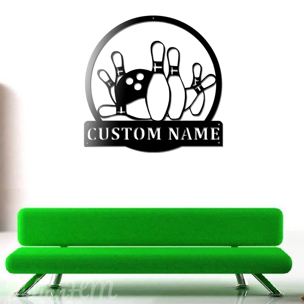 Custom Bowling Metal Wall Art with LED Lights - Personalized Bowler Name Sign for Living Room Decor, Bowling Game Sport Gift - 12x12 Inches Home & Bar Decor for Bowling Enthusiasts