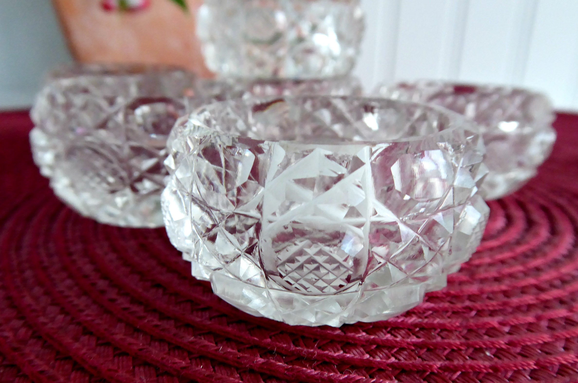 6-Piece Edwardian Open Salt Cellars Set - Faceted Crystal Salt Dishes with Waffle Button Diamond Design for Elegant Dining & Table Decor