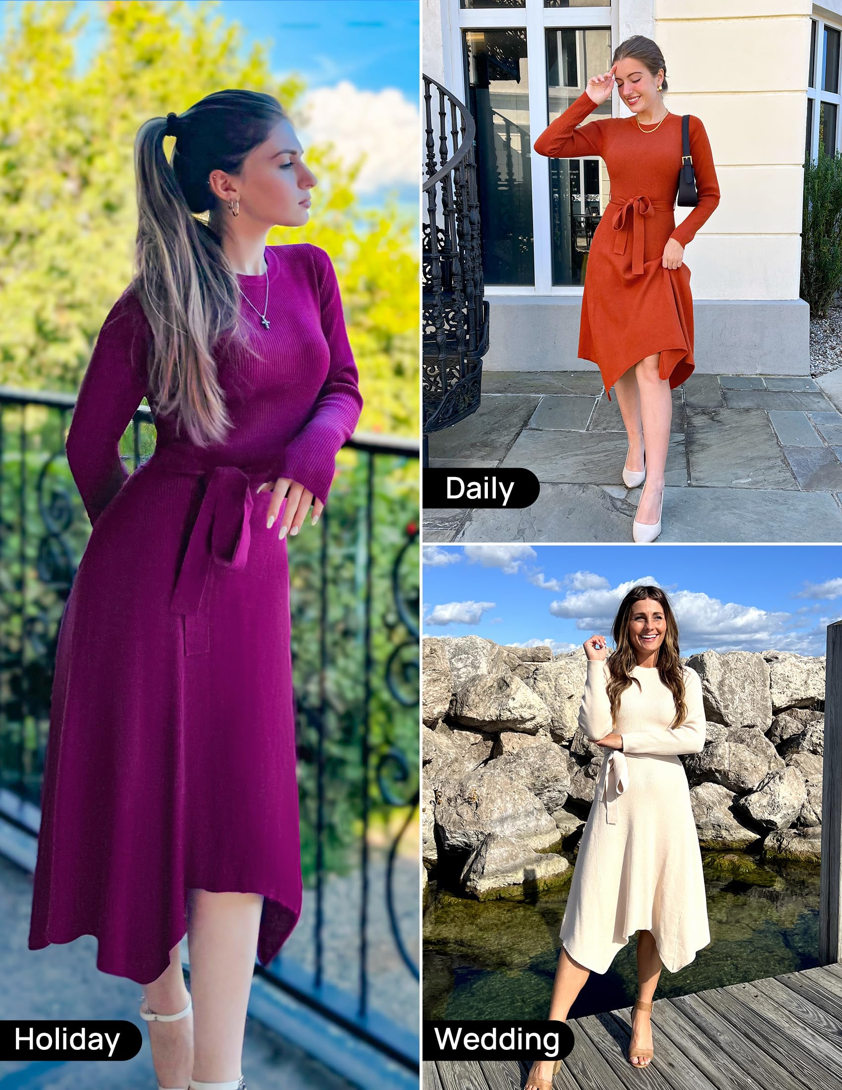 ZESICA Women's 2025 Spring Long Sleeve Ribbed Knit Sweater Dress with Belt - High Waist Midi Length for Casual Outings, Office Wear & Date Nights