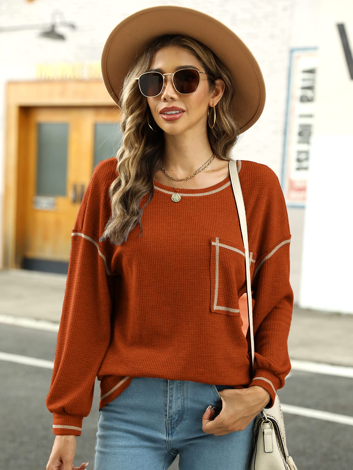 Locryz Women's Waffle Knit Tunic Top - Long Sleeve Loose Pullover Blouse with Drop Shoulder & Pocket | Casual Fall Winter Outfit, Layering Shirt for Work Office & Weekend Outings