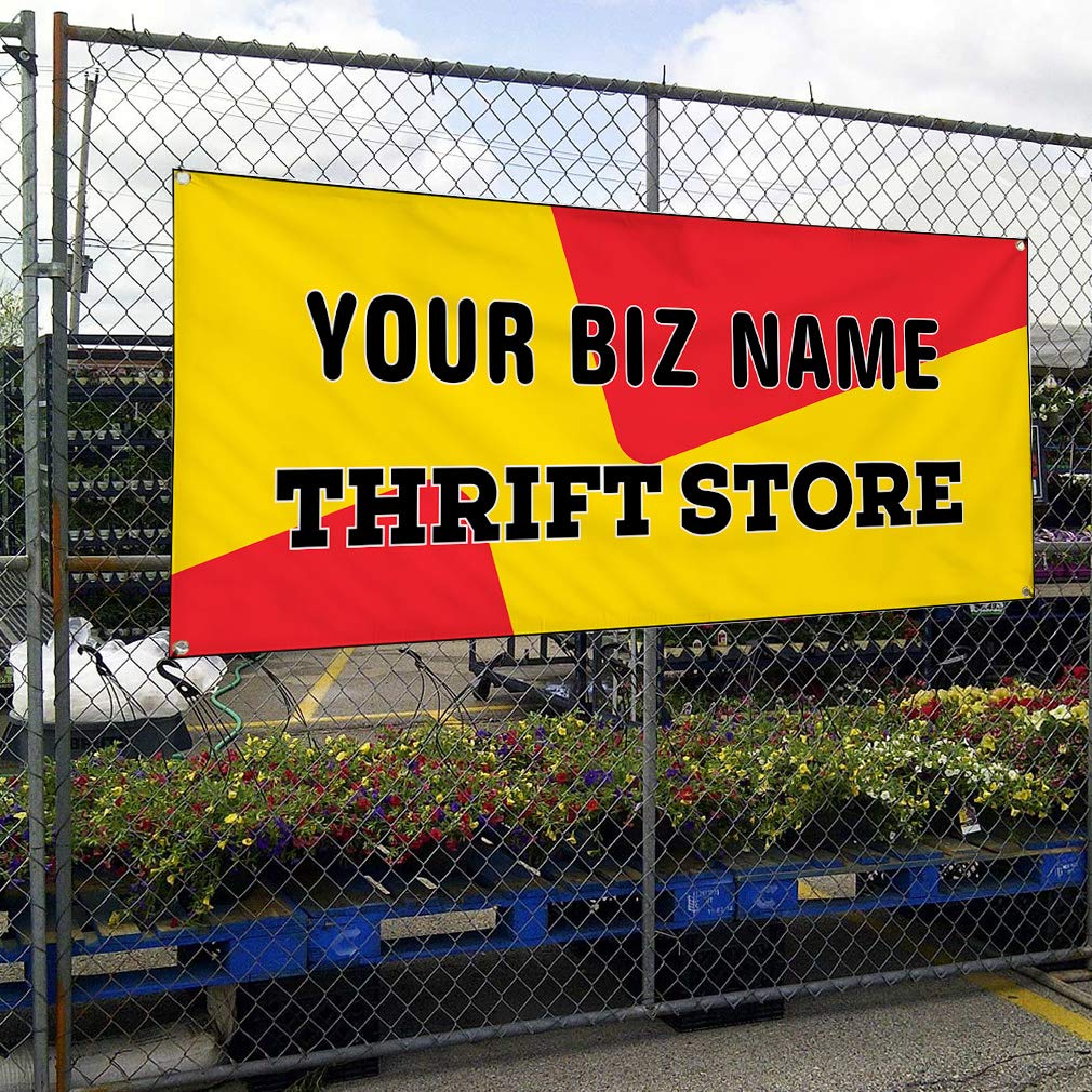Custom Industrial Vinyl Banner for Business & Thrift Stores - 12x30 Inches (Red & Yellow) | Durable Outdoor Advertising Sign for Storefronts, Sales & Events