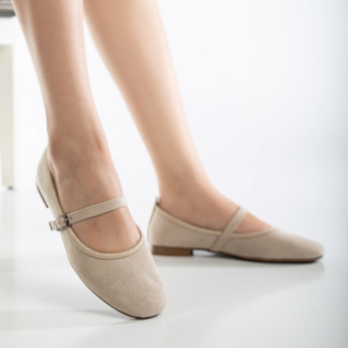 Emilie Women's Beige Suede Mary Jane Flats - Comfortable Casual Shoes for Work, Walking & Everyday Wear