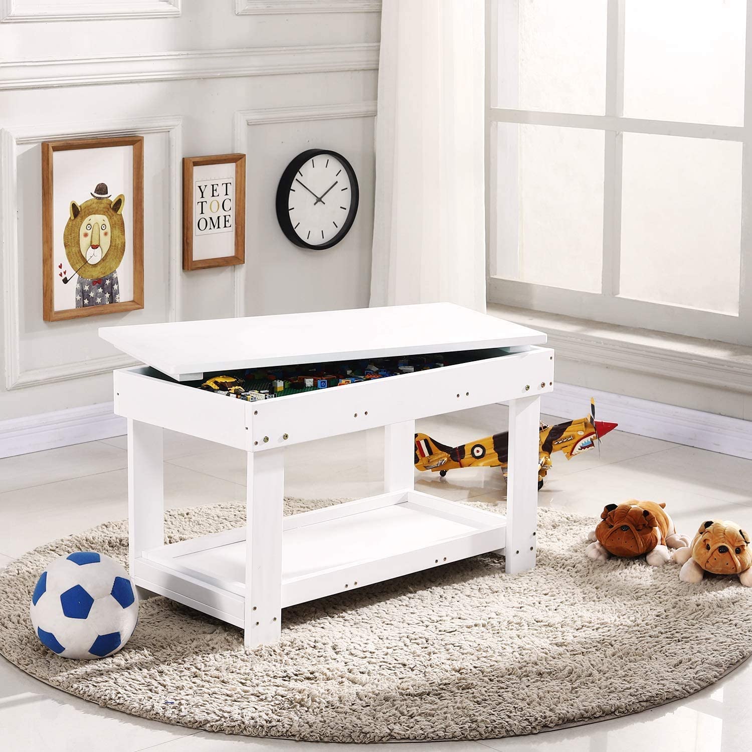YouHi Kids Activity Table with Board & Storage - White Double Table for Bricks, Building Blocks & Creative Play | Perfect for Playrooms, Daycares & Homeschool Learning